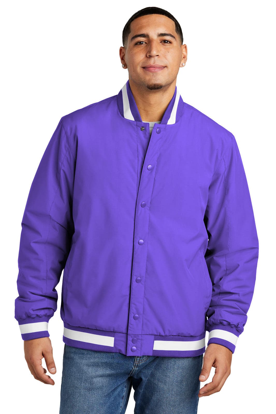 A purple Sport-Tek insulated varsity jacket with contrast white stripes and a logo on the chest.