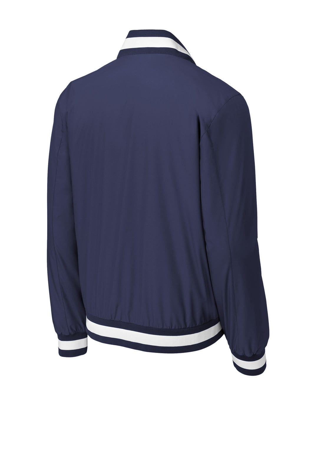 A navy blue insulated varsity jacket with white striped detailing on the collar and cuffs, featuring a logo.