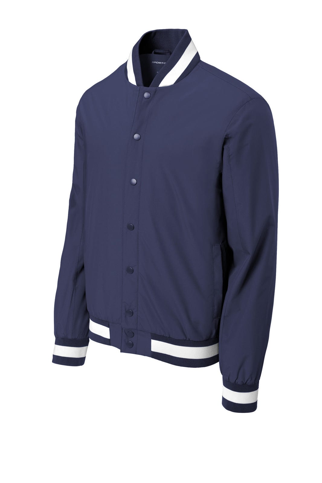 A navy blue Sport-Tek Insulated Varsity Jacket with white striped cuffs and collar. Features a logo on the chest.