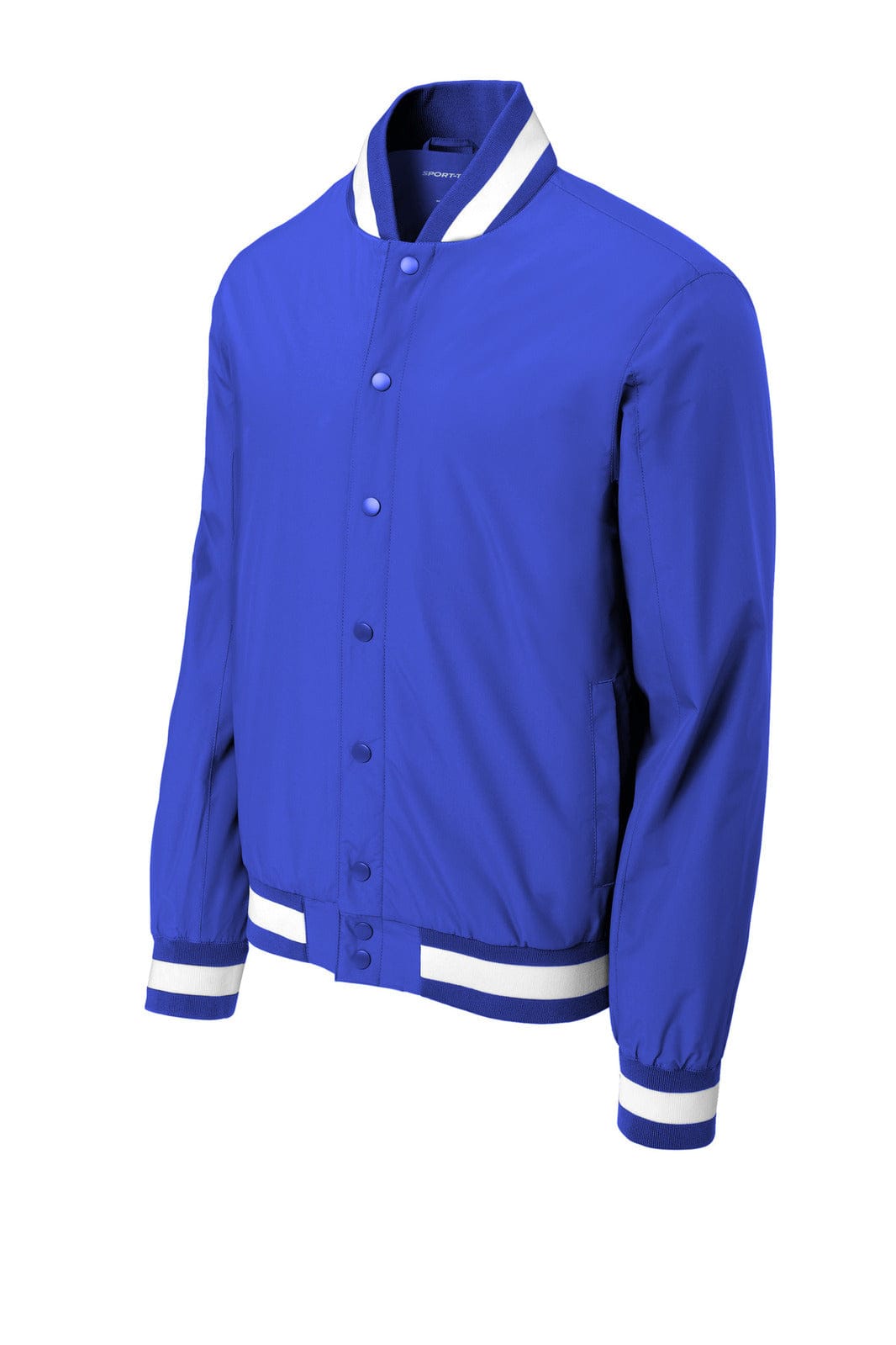 A blue Sport-Tek Insulated Varsity Jacket featuring white stripes and a logo.