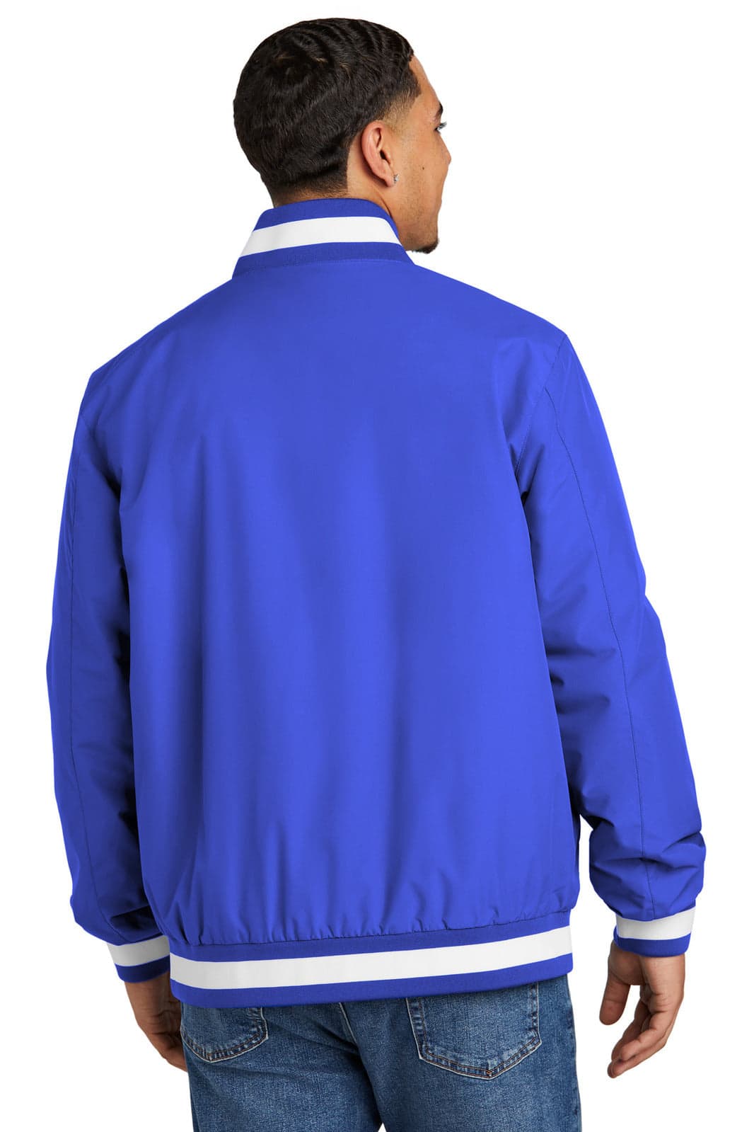 A blue insulated varsity jacket with contrasting white stripes, featuring a logo on the back.