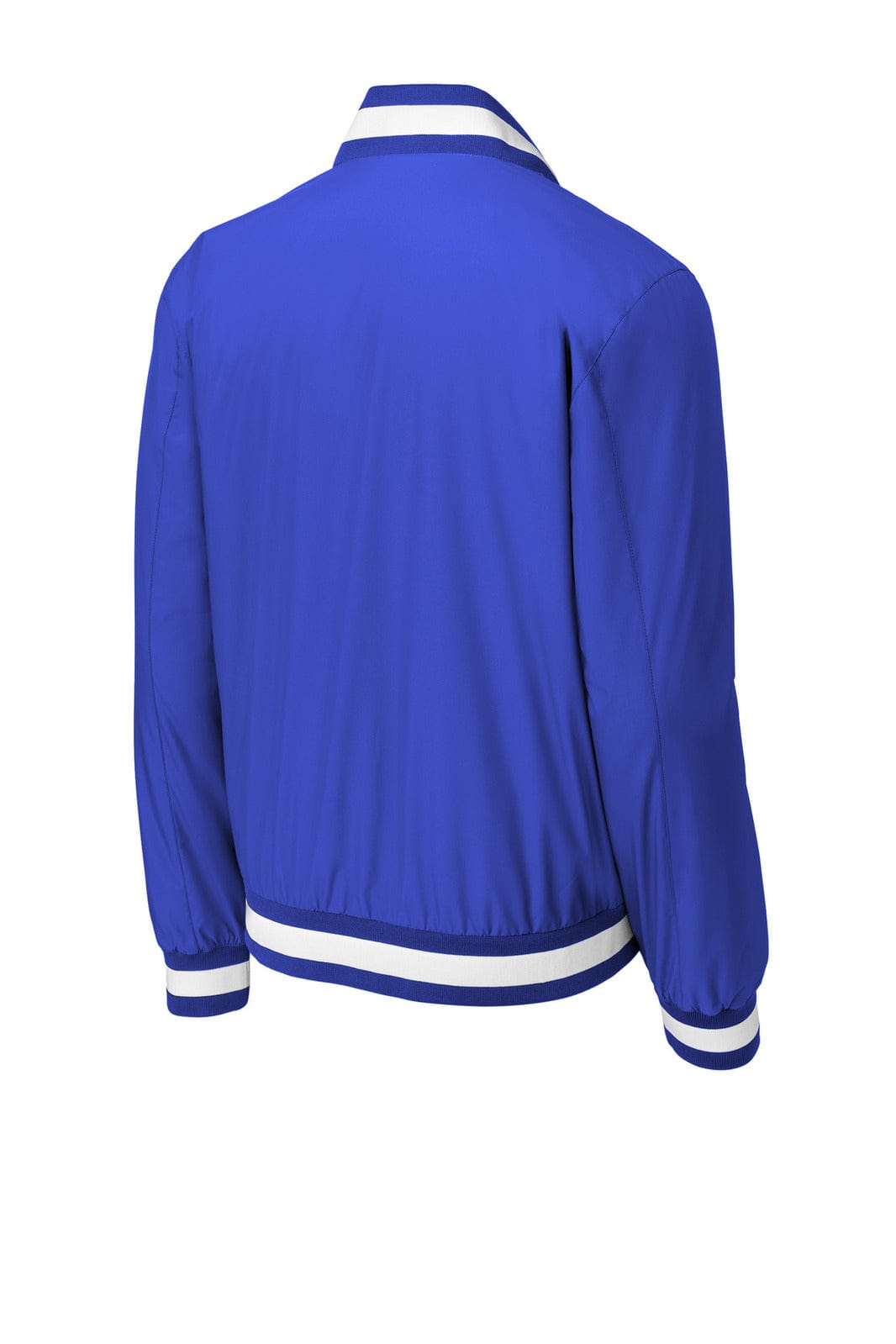 A blue Sport-Tek insulated varsity jacket with white striped detailing on the collar and cuffs. Features a logo.