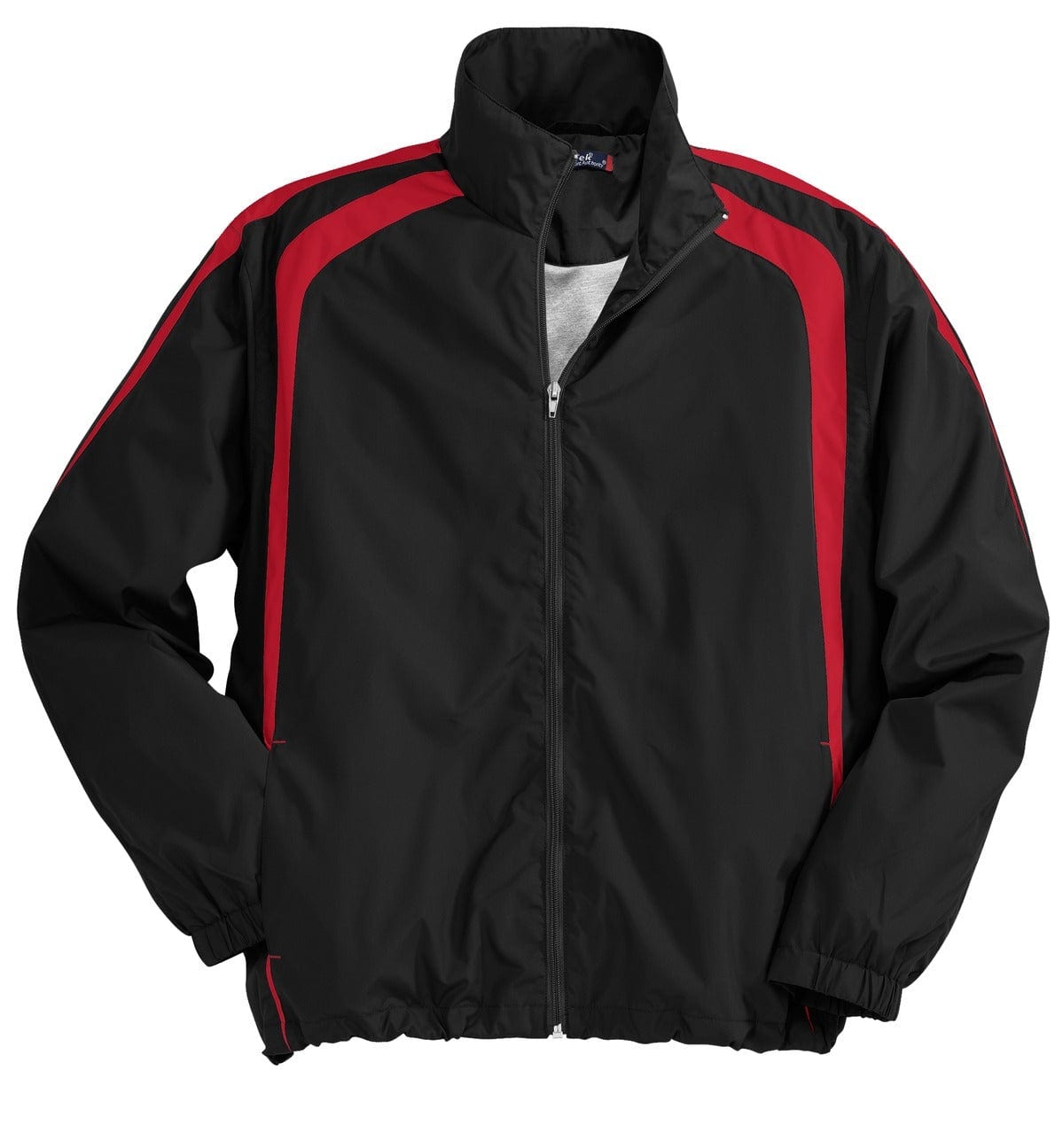 A black and red Sport-Tek Colorblock Raglan Jacket with a full zip and a stand-up collar. Features a logo.