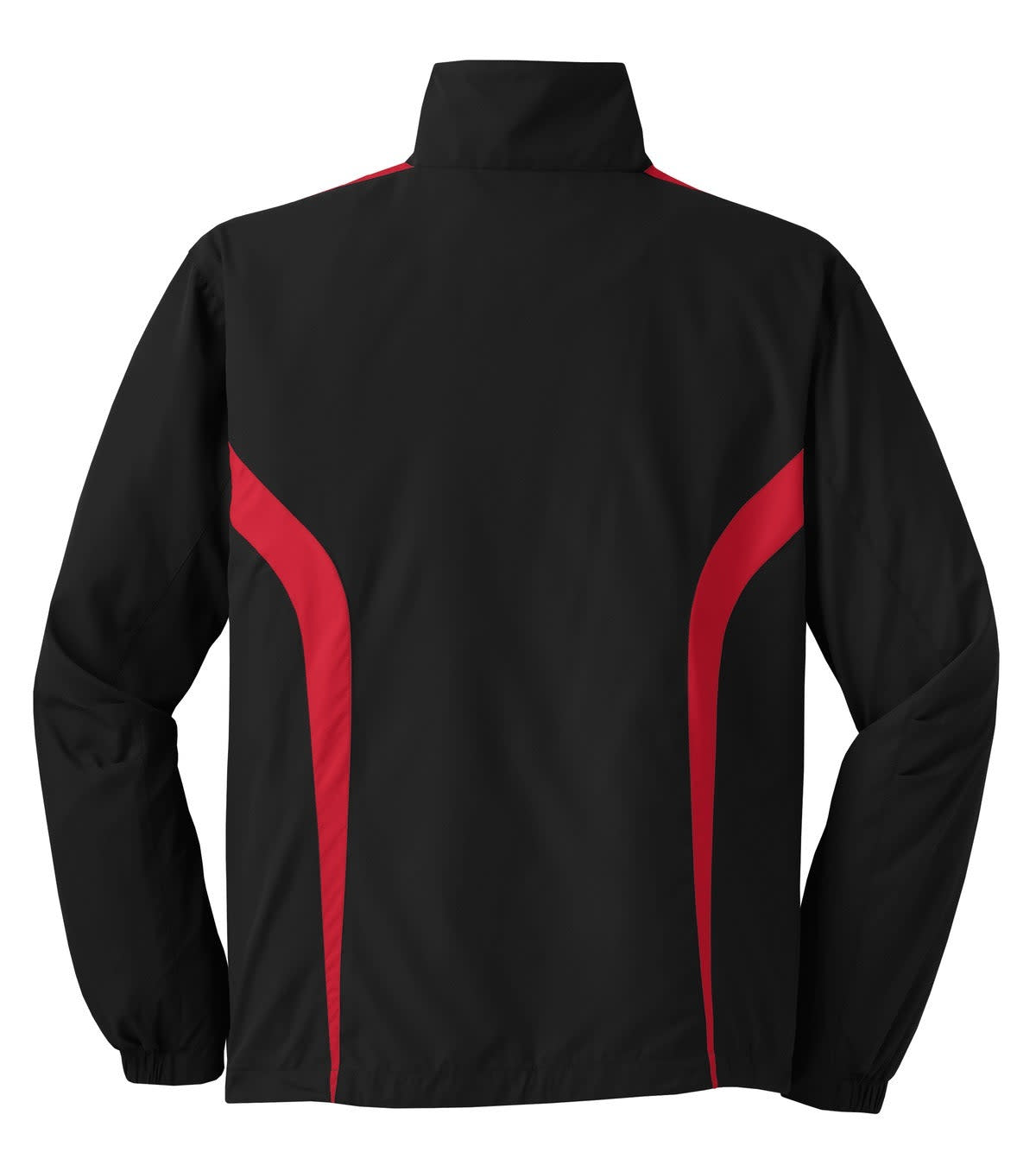 A black and red Sport-Tek Colorblock Raglan Jacket featuring a high collar and contrasting side panels.
