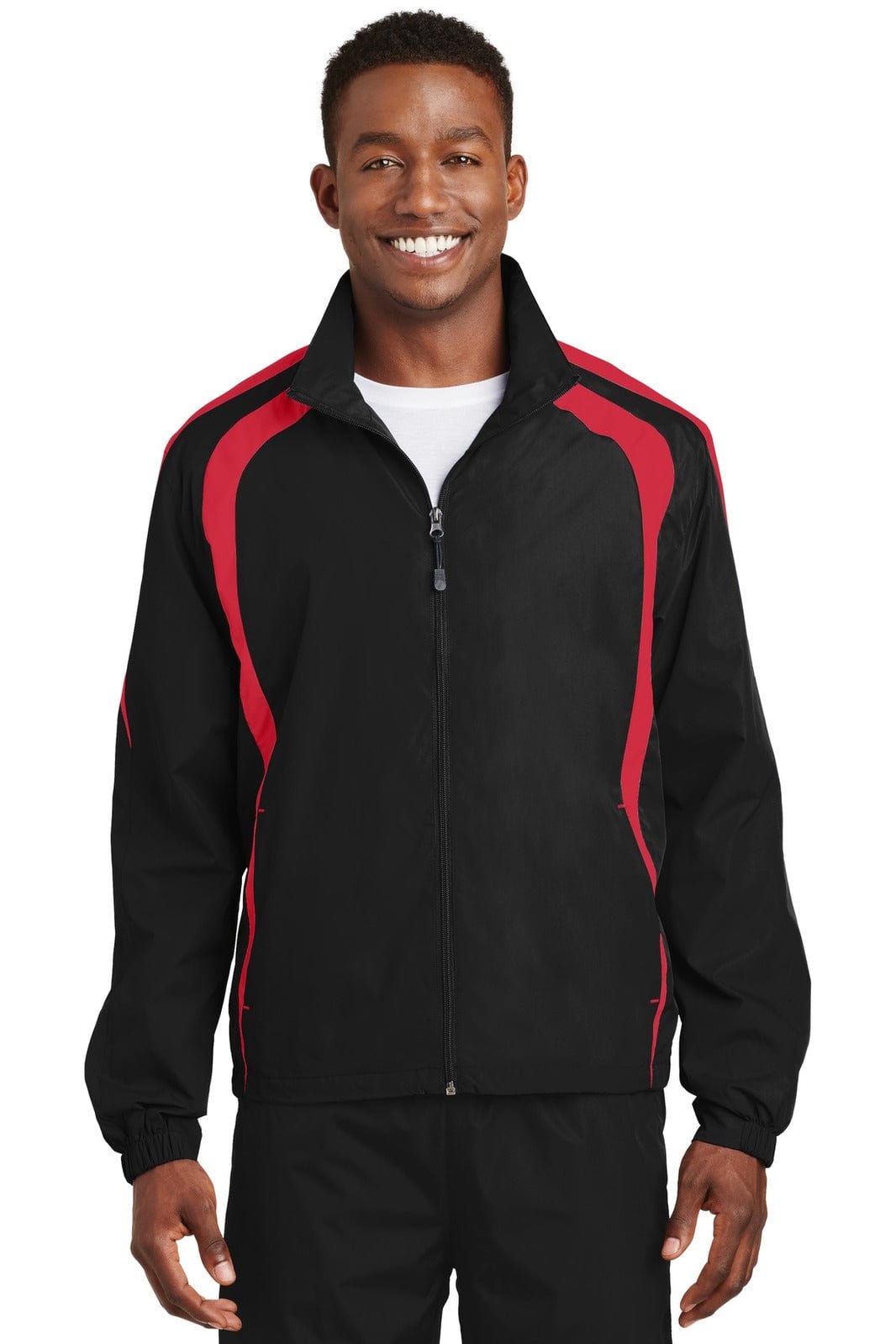 A black track jacket with red accents, featuring a zip front and a logo on the chest.