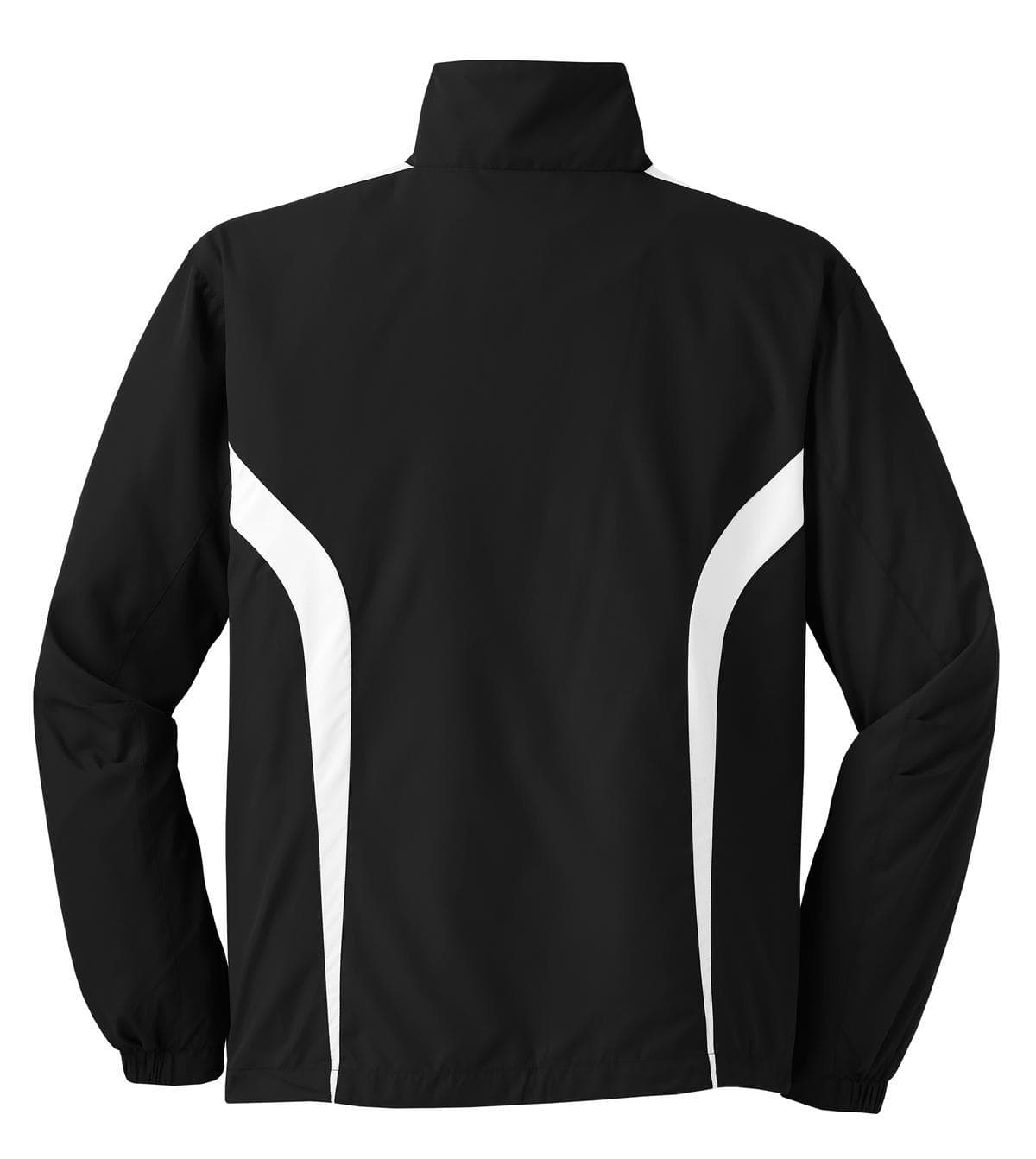 A black Sport-Tek Colourblock Raglan Jacket with white accents and a standing collar, featuring a logo.