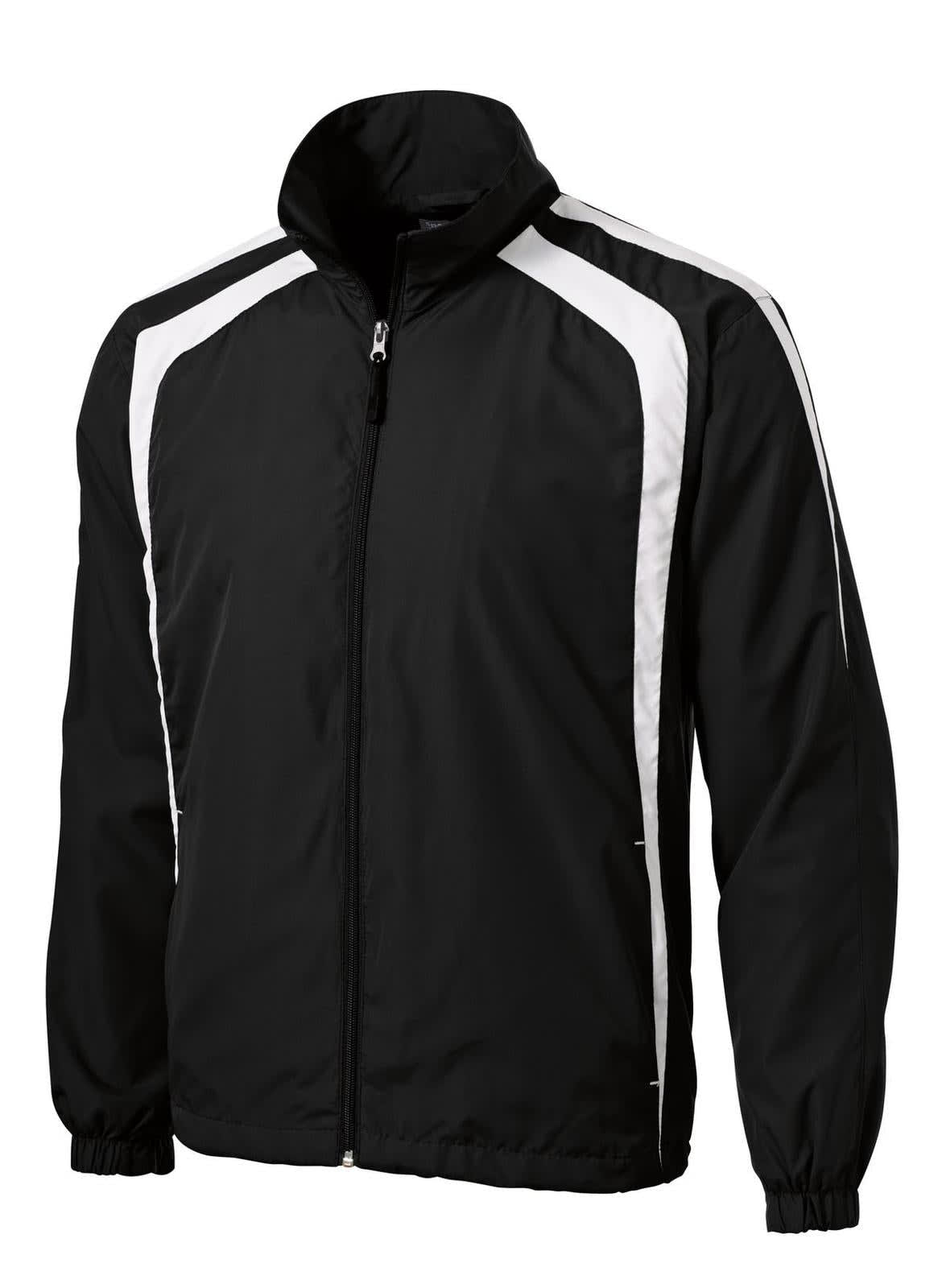 A black Sport-Tek Colorblock Raglan Jacket featuring white side accents and a zip front. Includes branding.