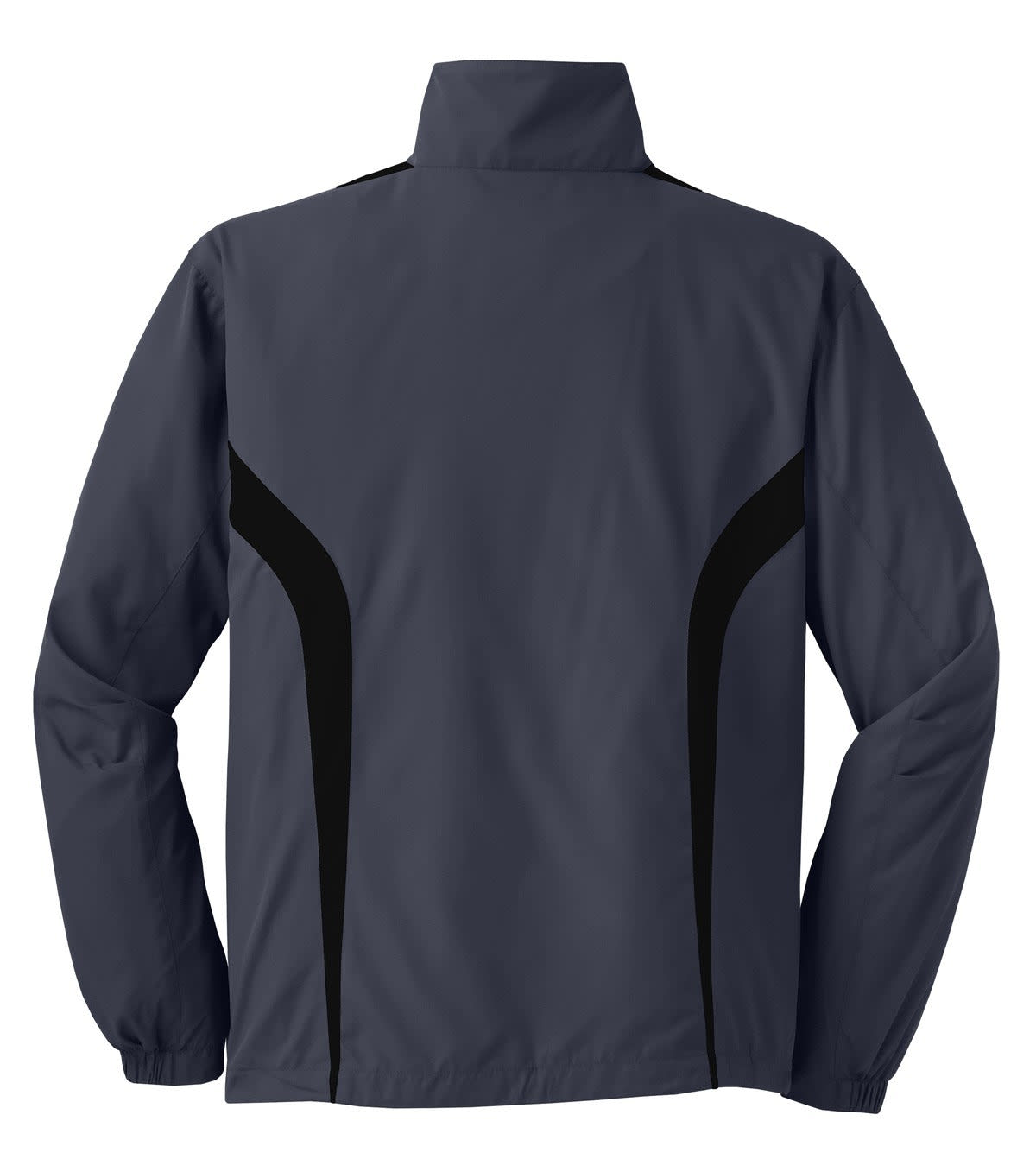 A grey Sport-Tek Colorblock Raglan Jacket featuring black side accents and a collar, with a logo present.