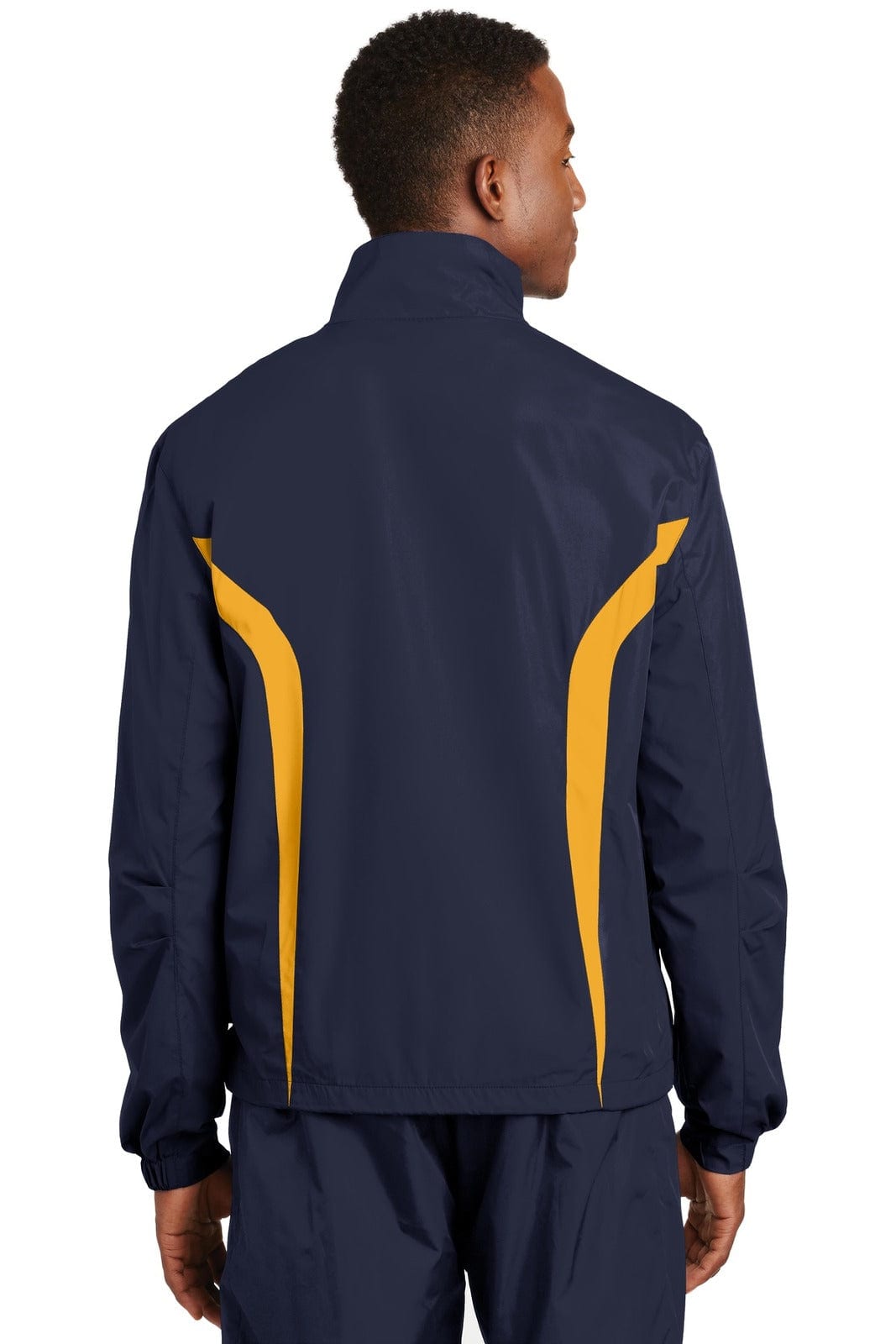 A navy blue and yellow Sport-Tek Colourblock Raglan Jacket featuring a logo, shown from the back.