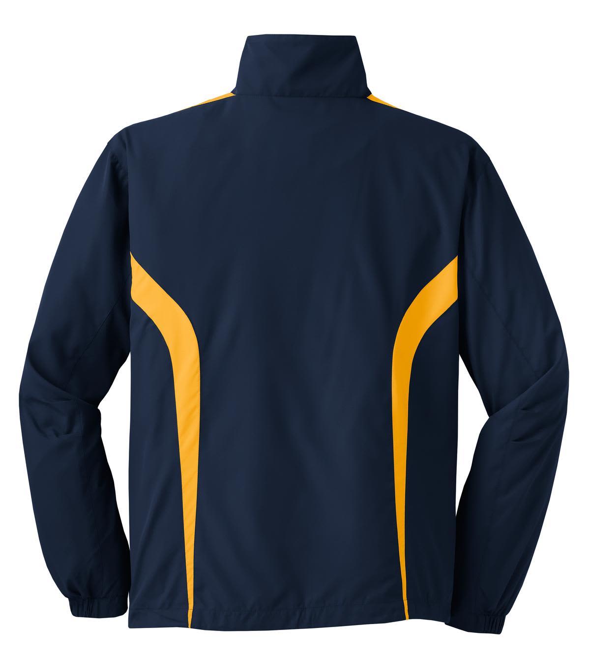 A navy blue Sport-Tek Colorblock Raglan Jacket with yellow accents, featuring a logo on the back.