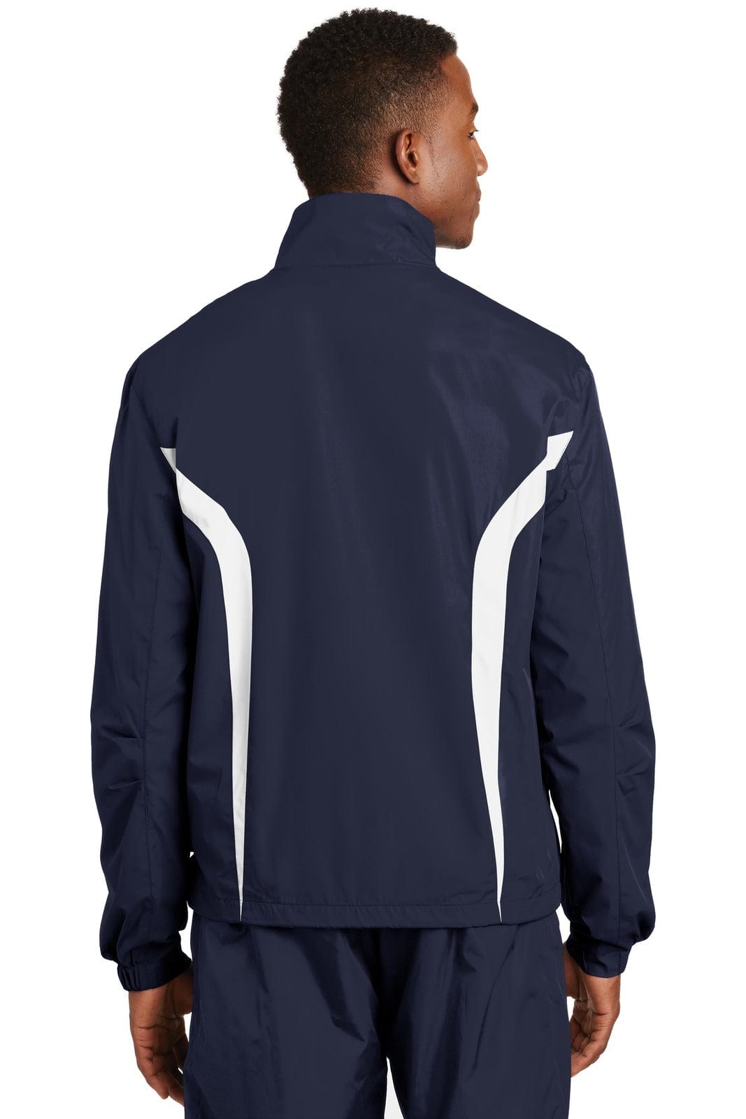 A navy blue Sport-Tek Colorblock Raglan Jacket features white accents and a logo on the back.