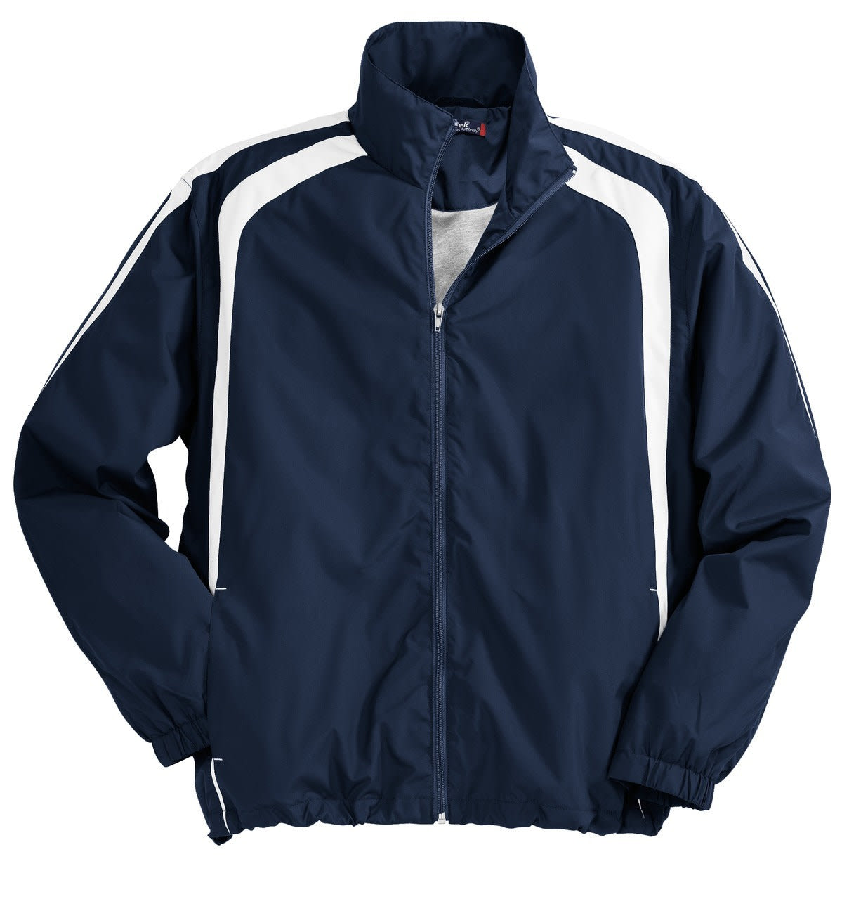 A navy blue track jacket featuring white colourblock stripes and a zip front. It has a logo on the chest.