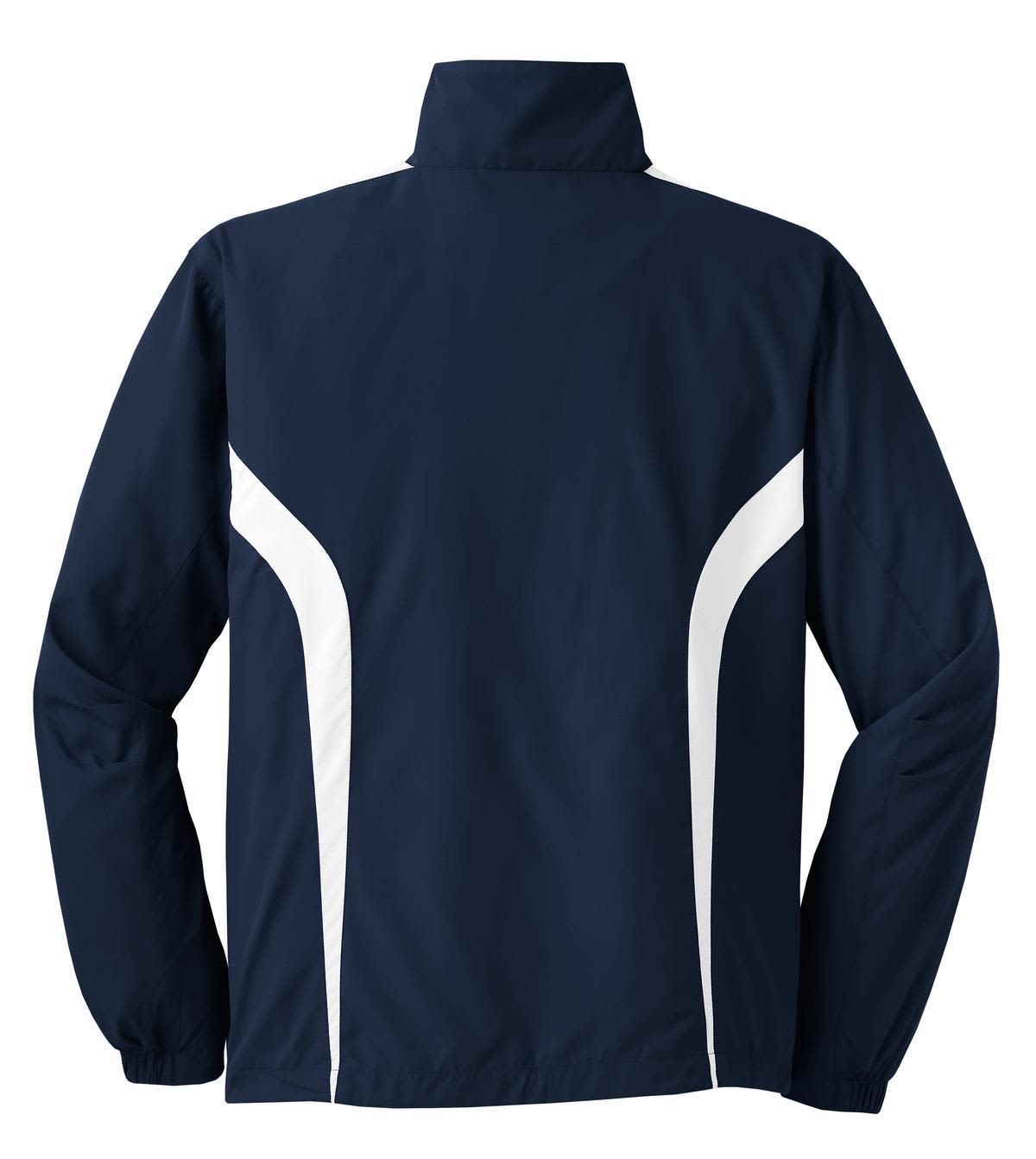 A navy blue Track Jacket featuring white colourblock accents and a logo on the back.