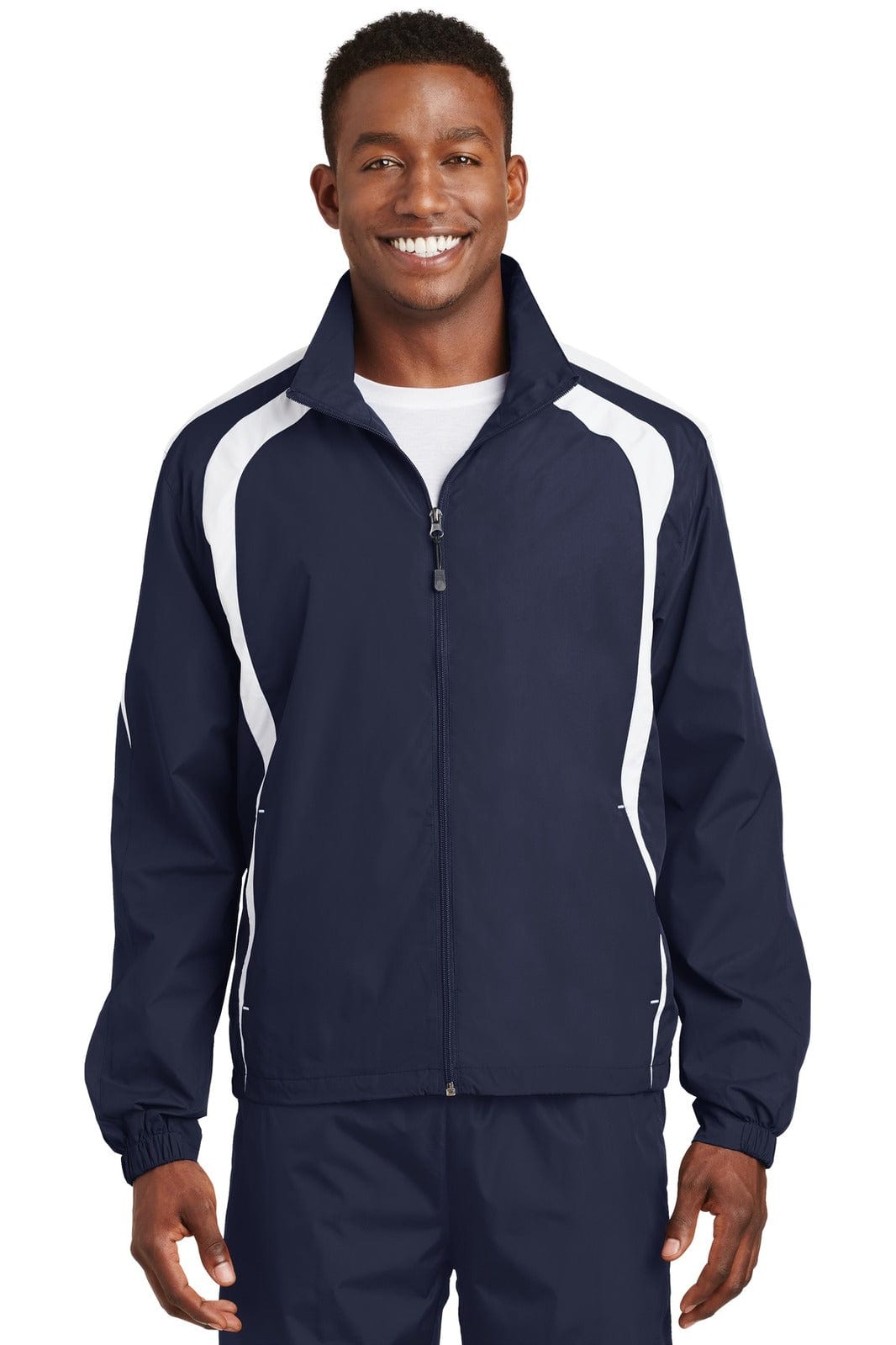 A navy blue Sport-Tek Colourblock Raglan Jacket with white accents, featuring a front zipper and a logo.