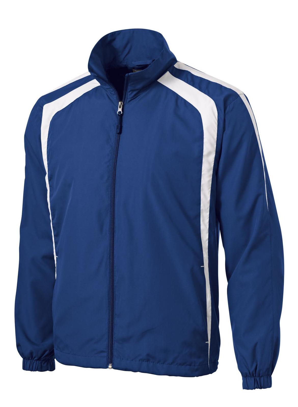 A blue Sport-Tek Colorblock Raglan Jacket with white accents and a zip front. The jacket has a branding logo.