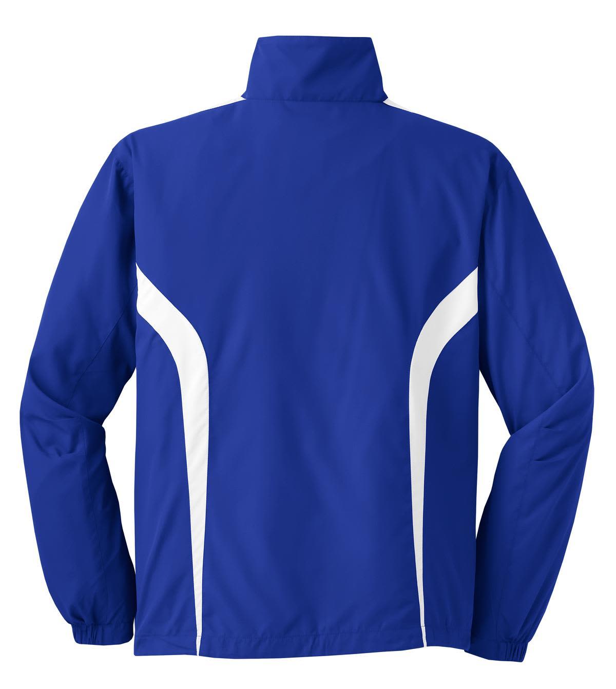 A blue Sport-Tek Colorblock Raglan Jacket featuring white side panels and a collar. It has a logo on the back.