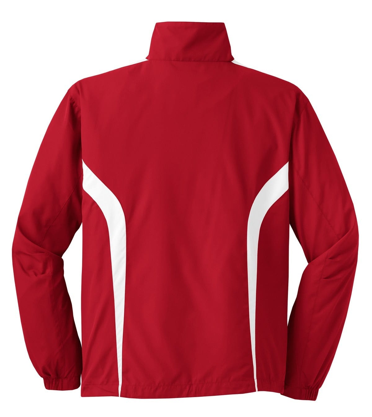 A red Sport-Tek Colorblock Raglan Jacket featuring white accents and a logo on the back.
