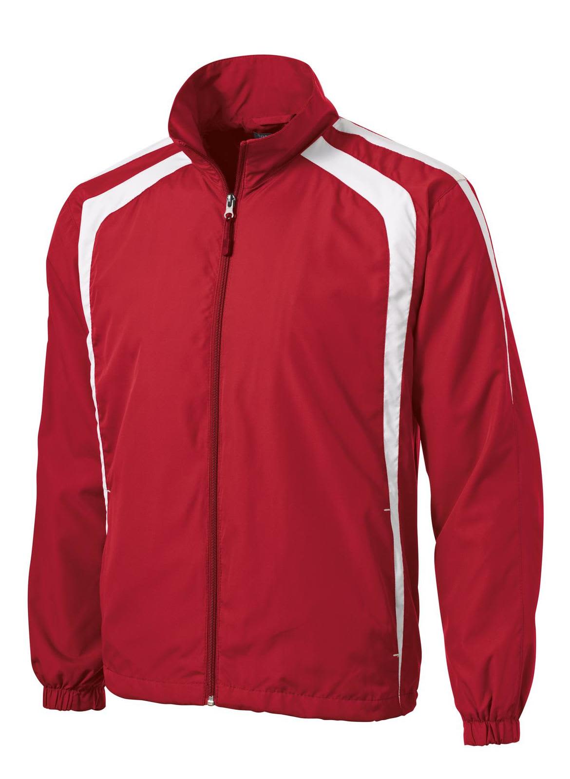 A red jacket with white accents, featuring a zip front and a high collar. It has a logo on the chest area.