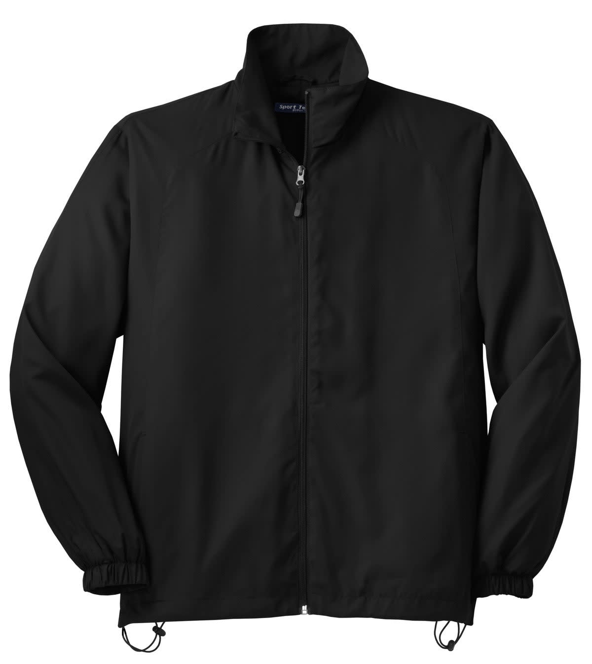 A black full-zip wind jacket with an elastic hem and a collar, featuring a logo. Ideal for track activities.