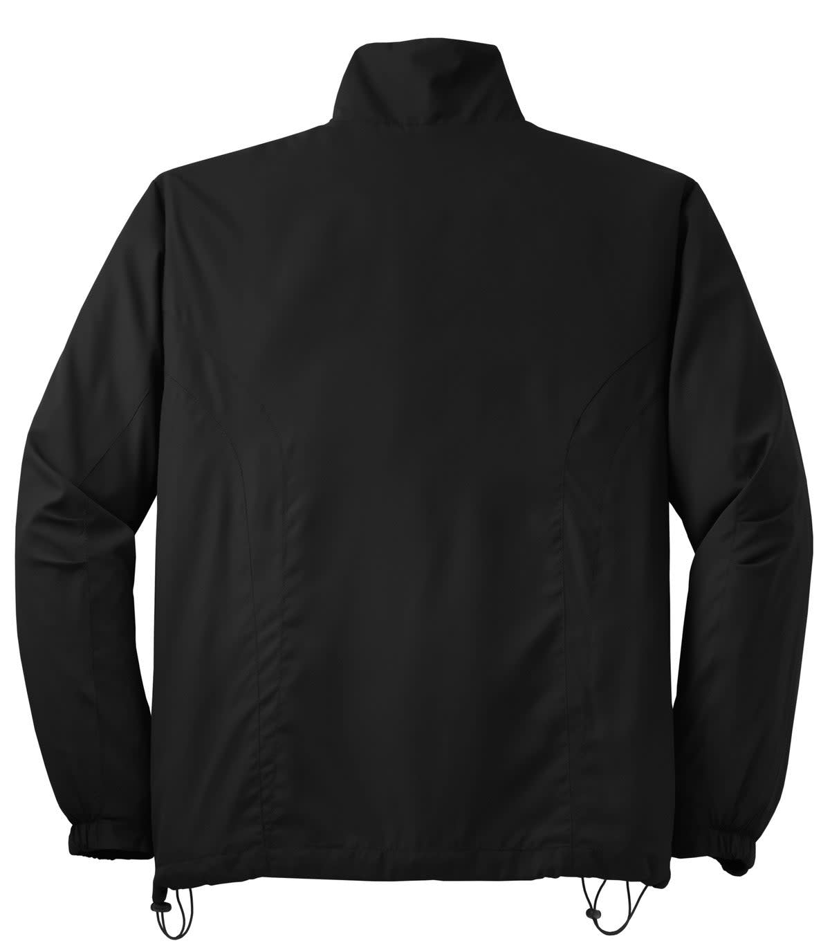 A black full-zip wind jacket with a high collar and adjustable hem, featuring a logo.