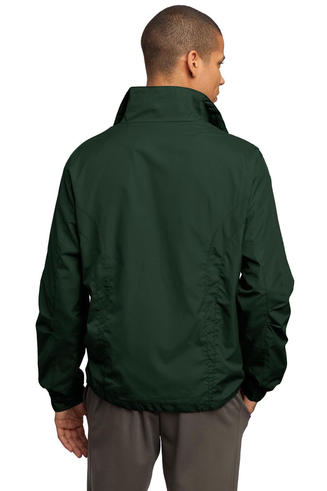 A full-zip wind jacket in dark green, featuring a collar and fitted design, with a logo on the back.
