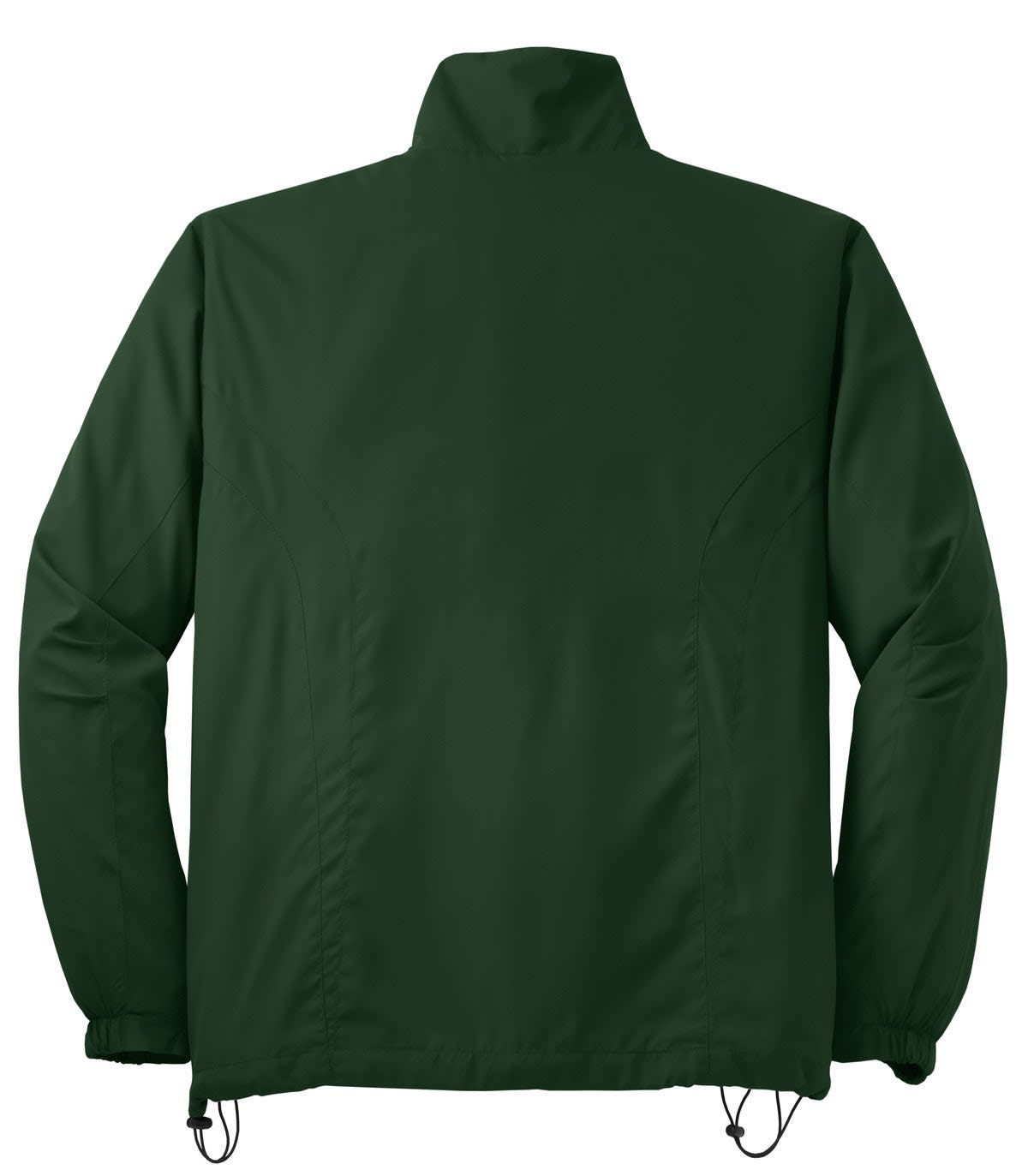 A dark green full-zip wind jacket with a high collar and adjustable hem. Features include side pockets and a logo.