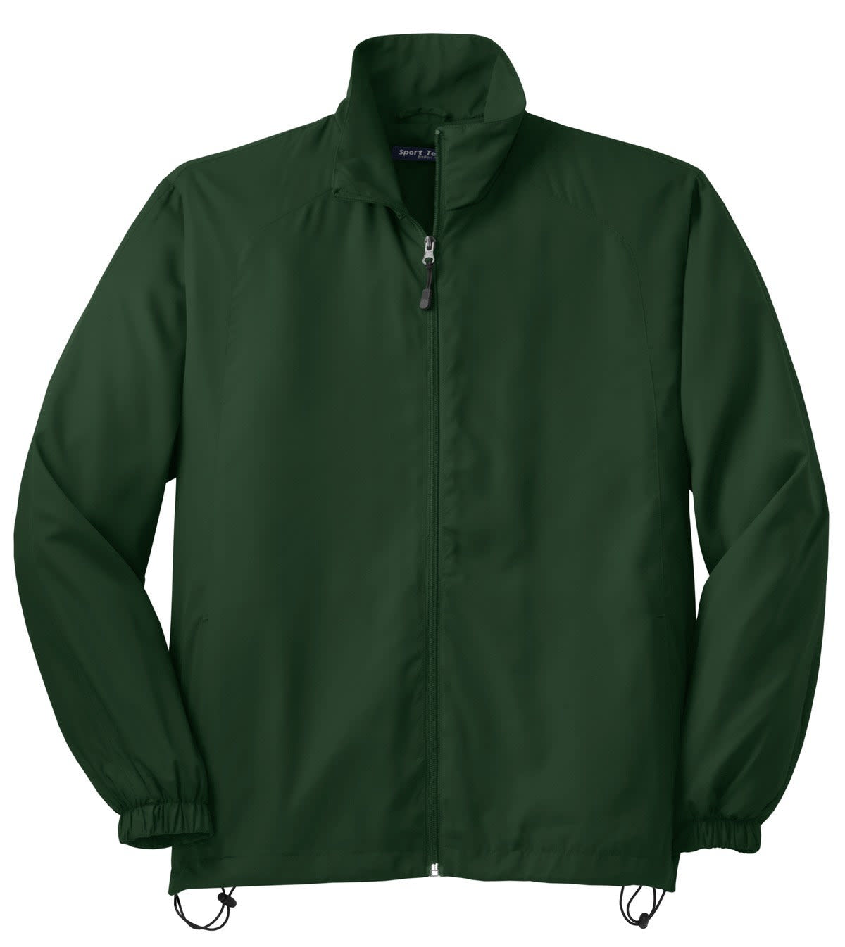A dark green Sport-Tek full-zip wind jacket featuring elastic cuffs and an adjustable hem. Includes a logo.