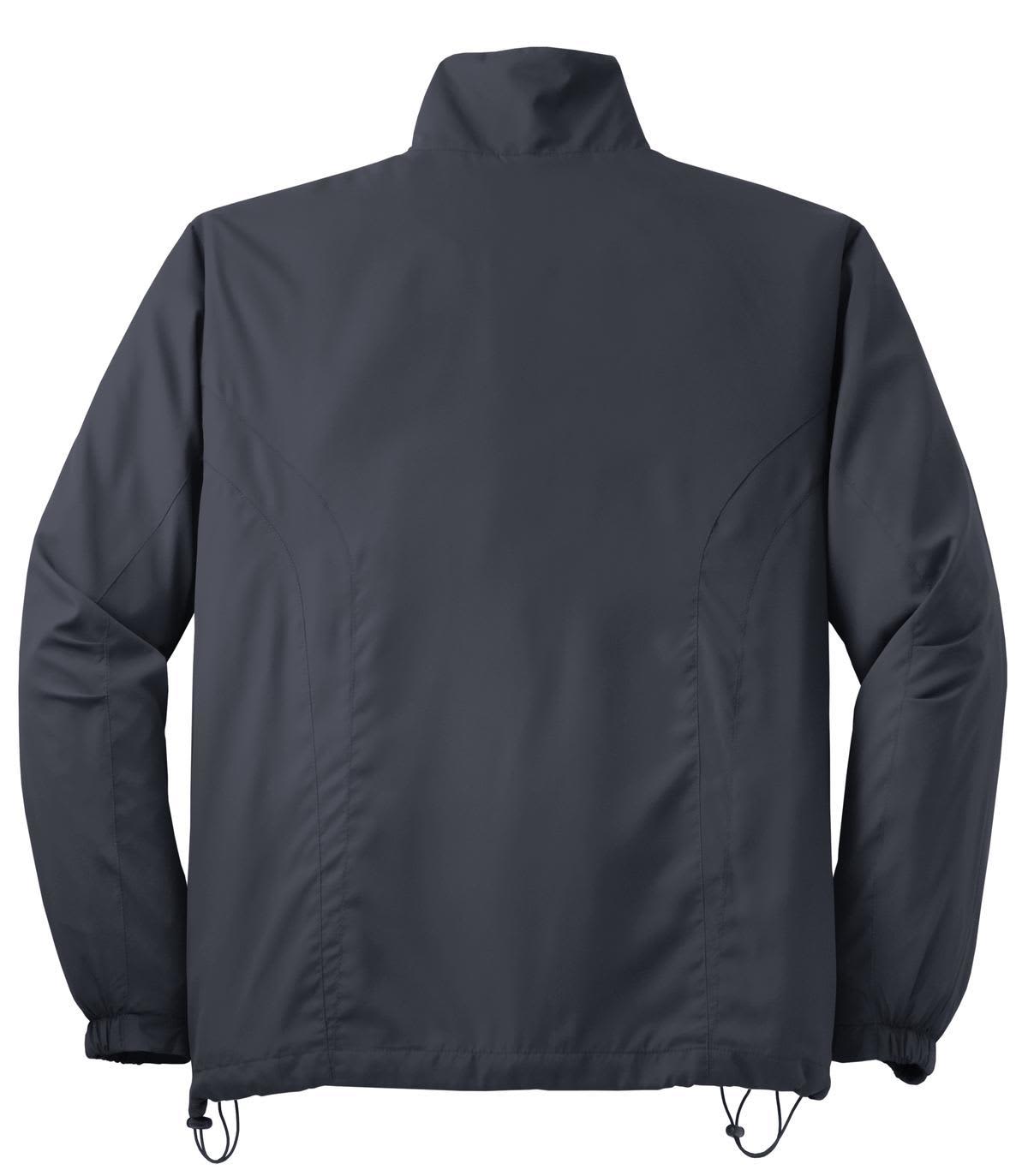 A dark grey full-zip wind jacket with adjustable drawstring at the hem, featuring a logo.
