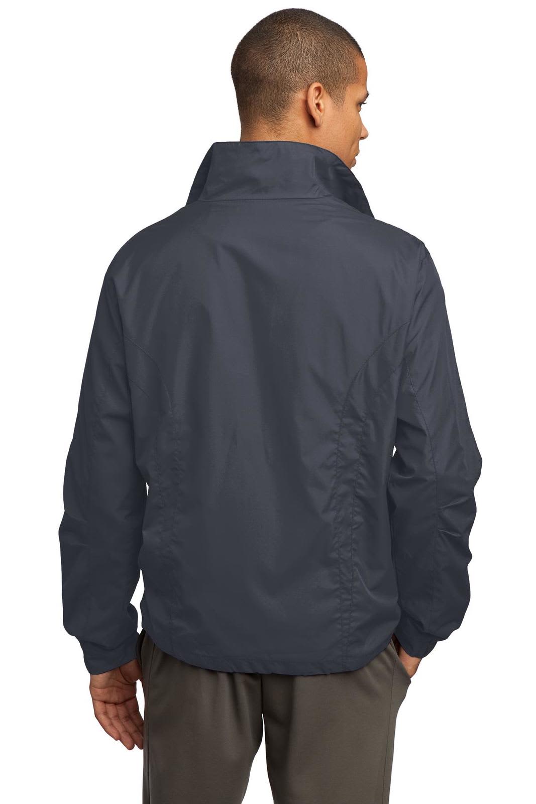 A dark navy full-zip wind jacket featuring a collar and logo on the back. Suitable for track activities.