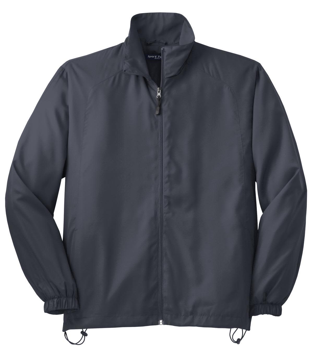 A full-zip wind jacket in dark grey with elastic cuffs and a drawcord hem, featuring a logo on the chest.