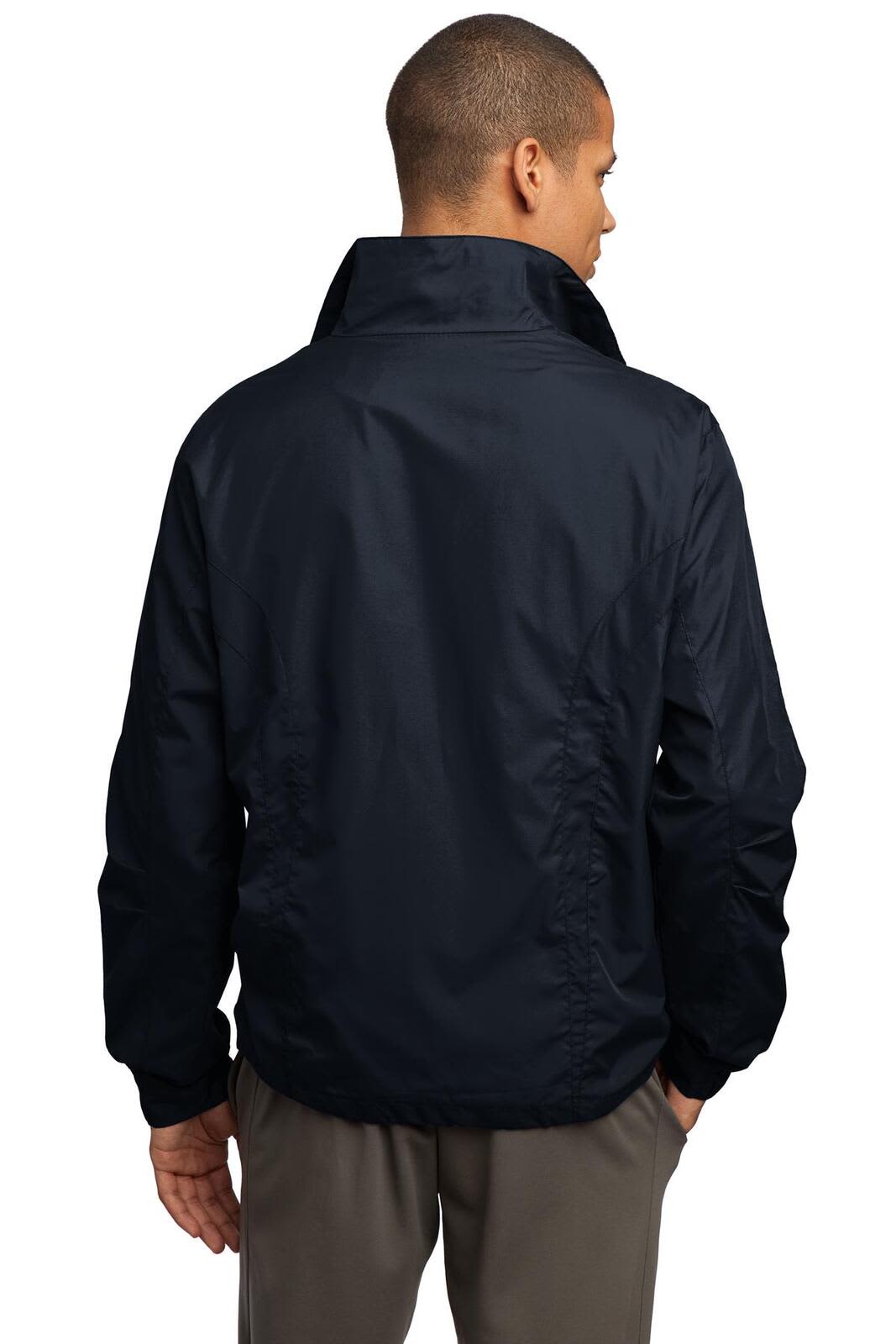 A full-zip wind jacket in navy, featuring a collar and back seam details. It has a logo on the back.