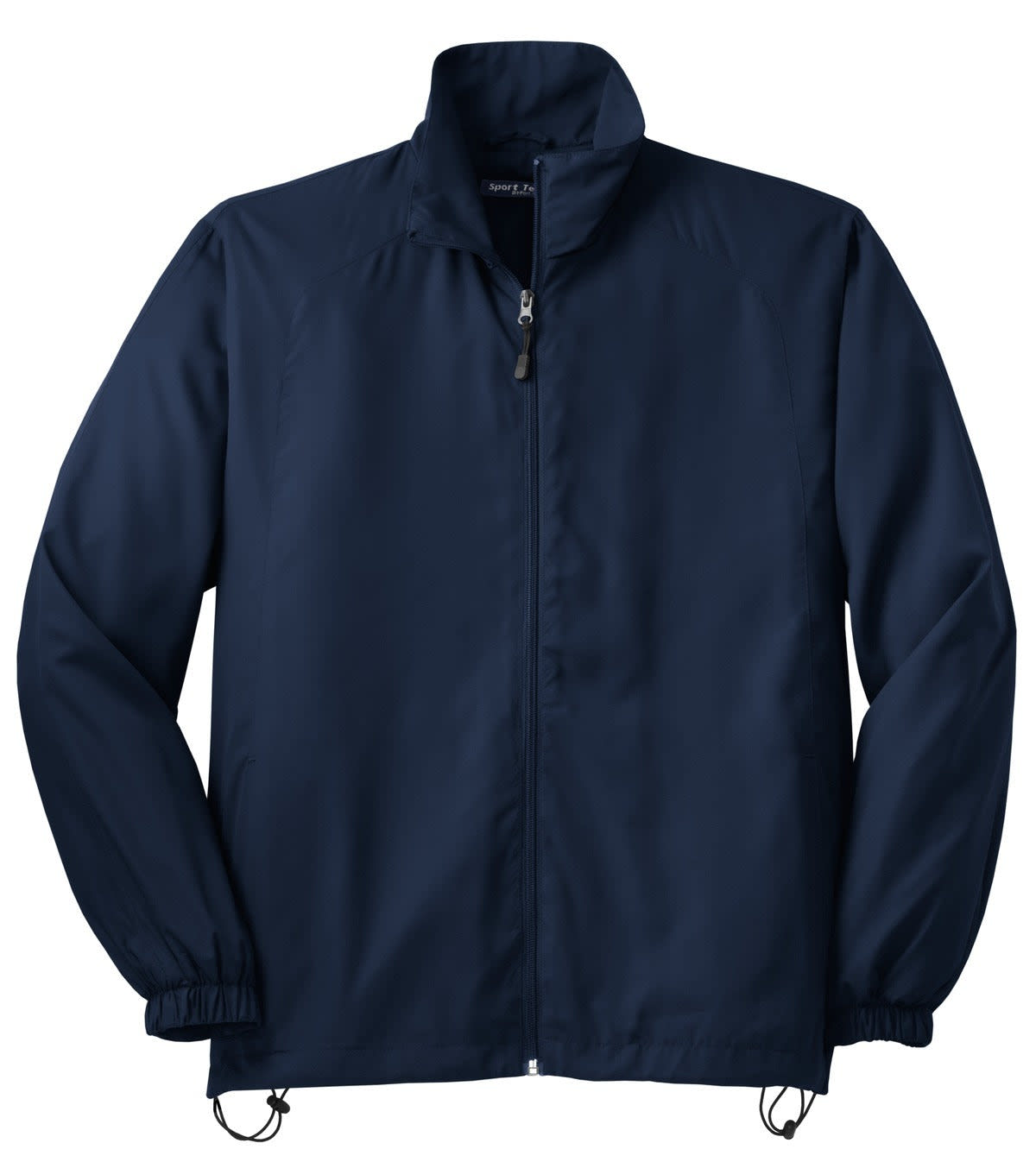 A navy full-zip wind jacket featuring a high collar and elasticised cuffs. Includes a branding logo.