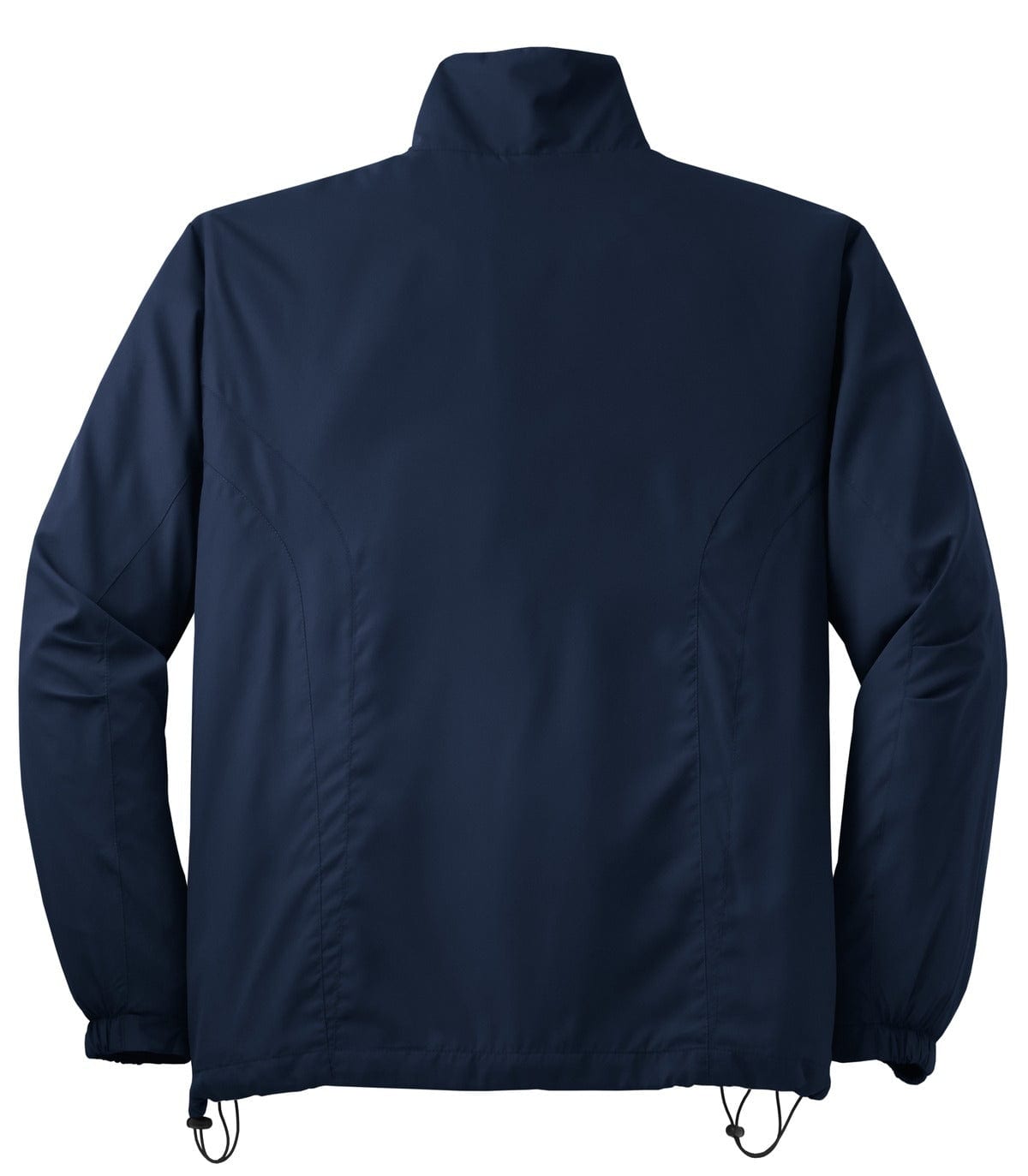 A full-zip wind jacket in navy blue, featuring a back view with a minimalistic design and an adjustable hem.