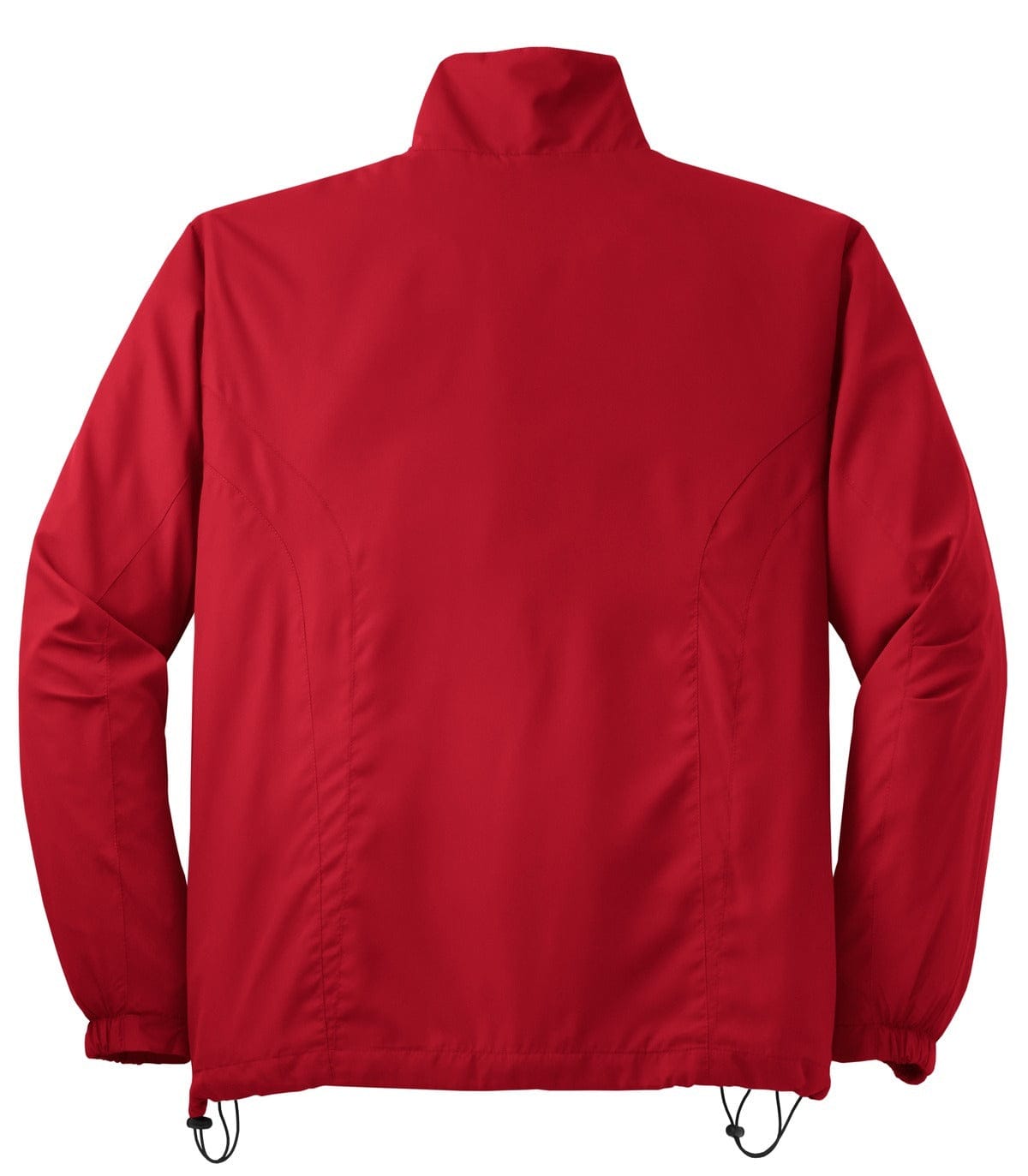 A red Sport-Tek full-zip wind jacket with a collar and elastic cuffs, featuring a logo.