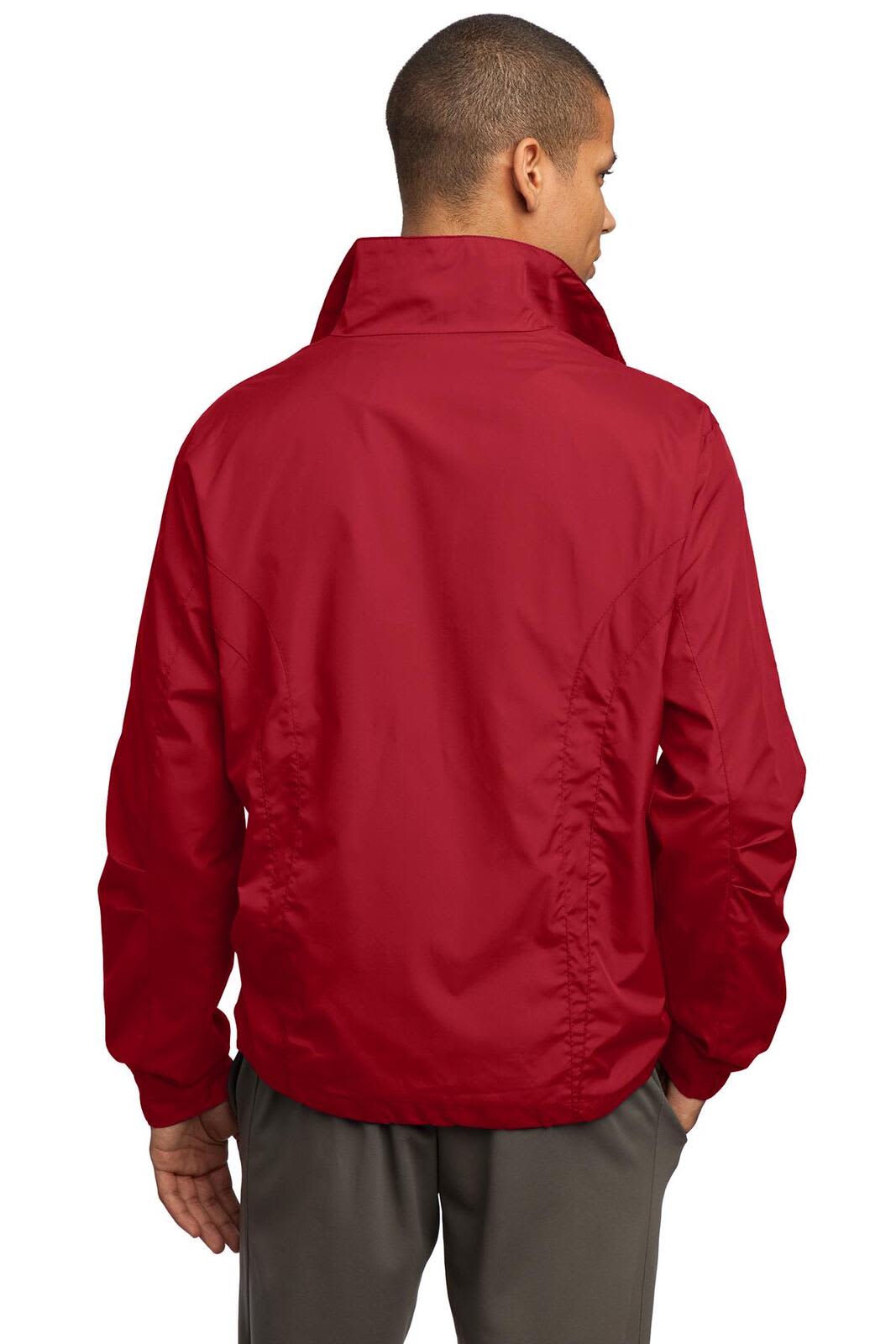 A red full-zip wind jacket featuring a collar and a logo on the back. Ideal for track and active wear.