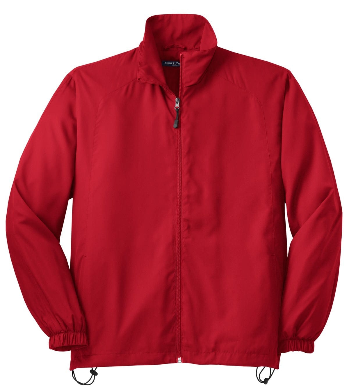 A red full-zip wind jacket with a collar, elastic cuffs, and a drawcord hem. It features a logo on the chest.