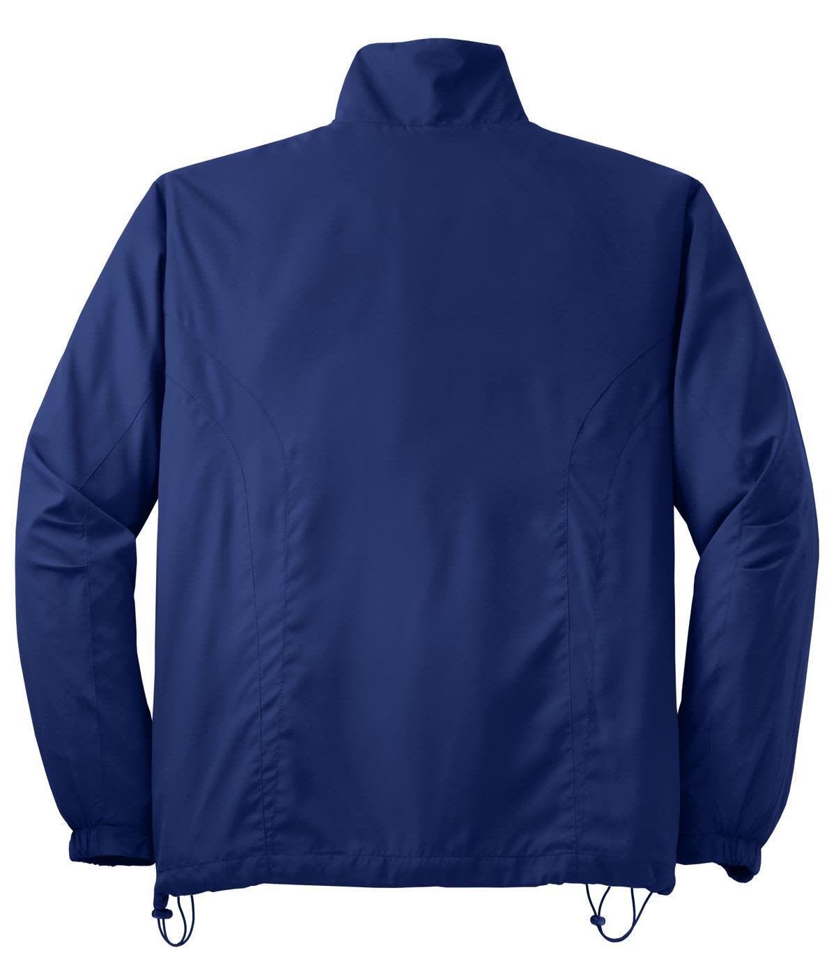 A navy blue Sport-Tek full-zip wind jacket featuring a back view and an adjustable hem, with a logo present.