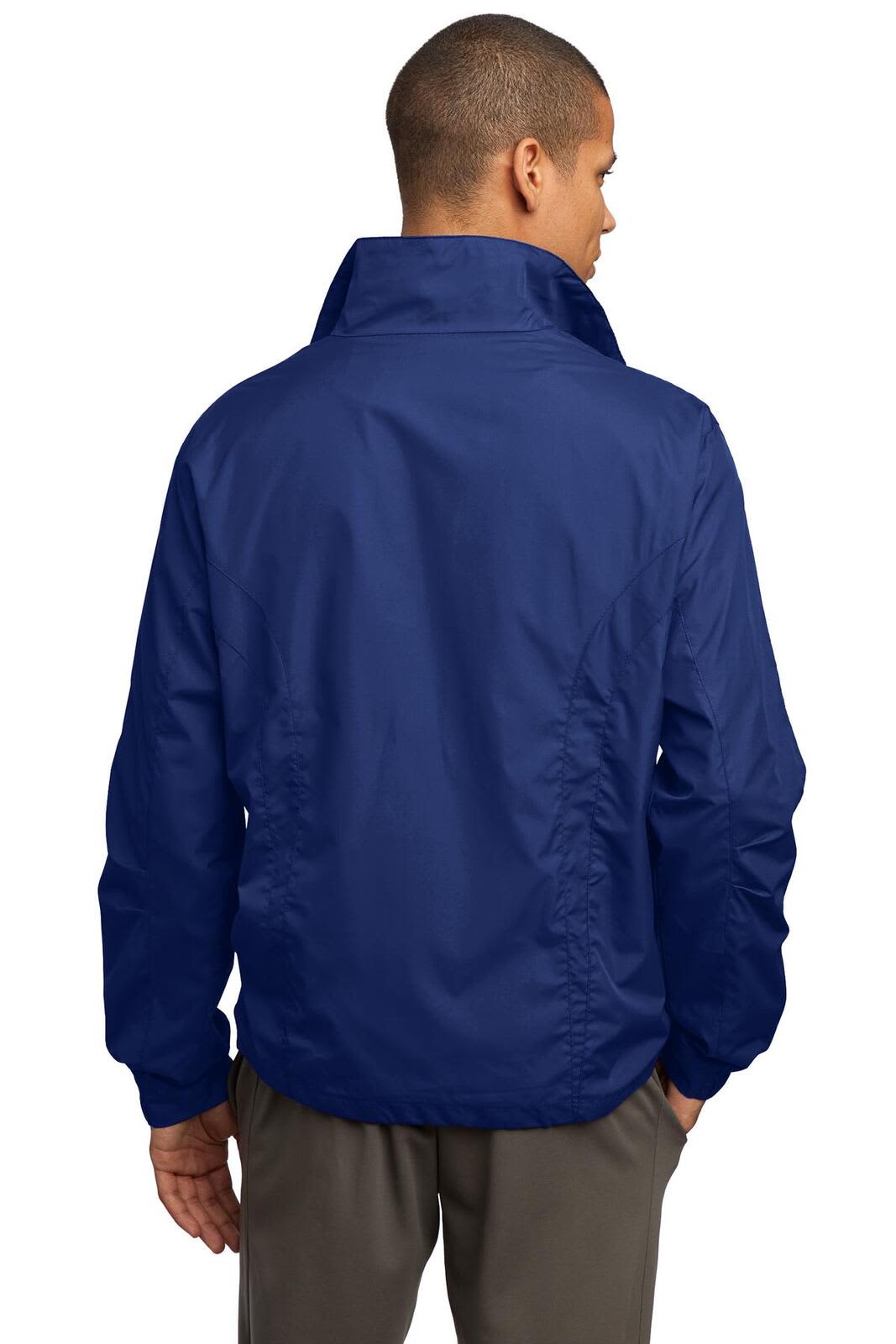 A navy blue full-zip wind jacket with a sleek design, featuring a collar and a logo.