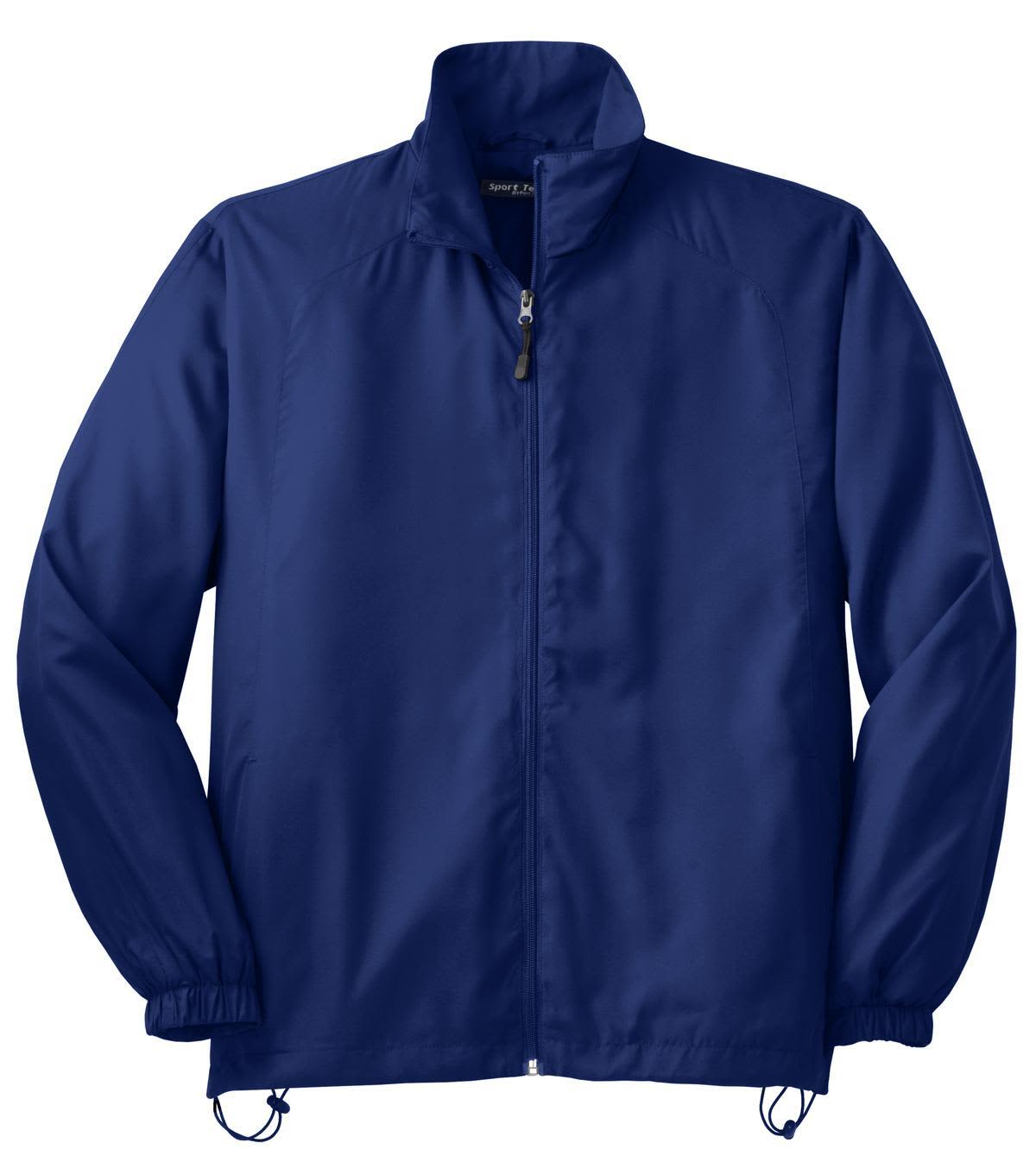 A navy Sport-Tek full-zip wind jacket featuring an elastic waistband and cuffs. Includes a logo.