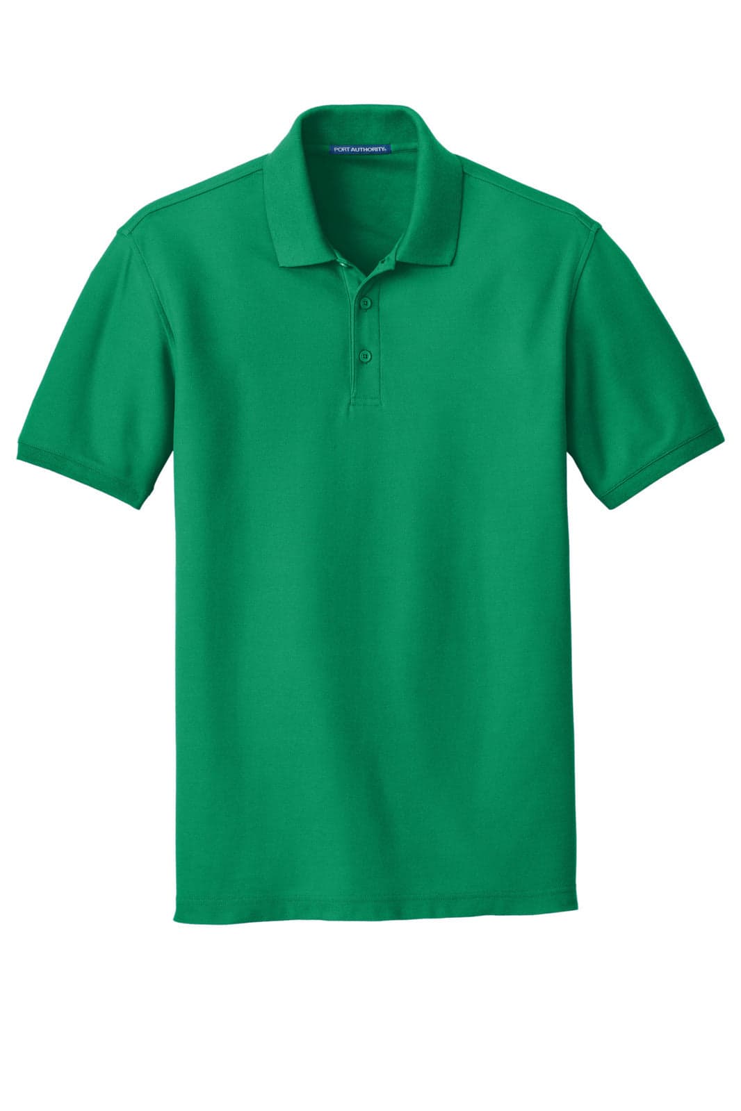 A green polo shirt with a classic pique texture, featuring a collar and buttons, with a logo on the chest.