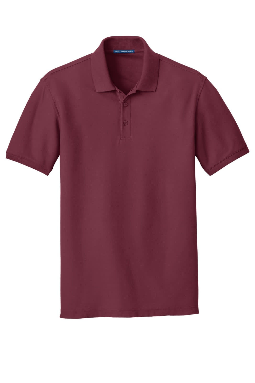 A burgundy polo shirt with a classic pique fabric, featuring a collar and three-button placket. It has a logo.