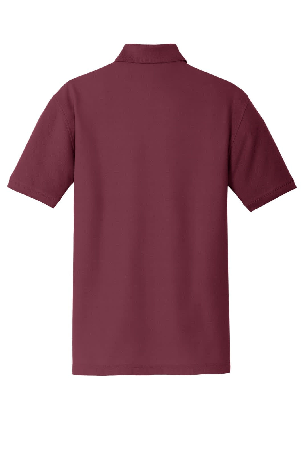 A maroon polo shirt with a classic pique texture and a collar, featuring a logo on the back.