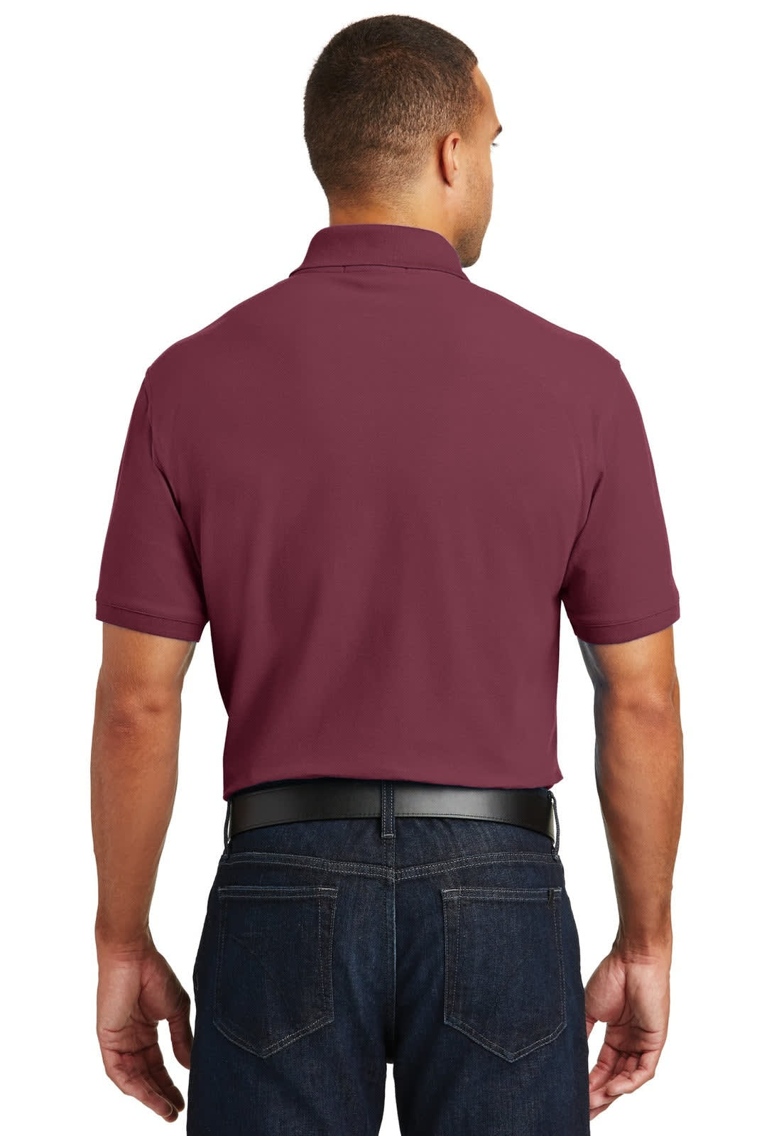 A maroon polo shirt with short sleeves and a collar, featuring a logo on the back.