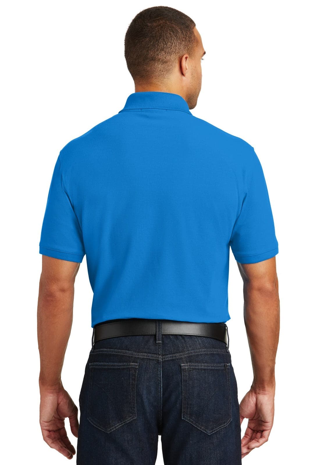 A blue polo shirt with short sleeves and a collar, featuring a logo on the back.