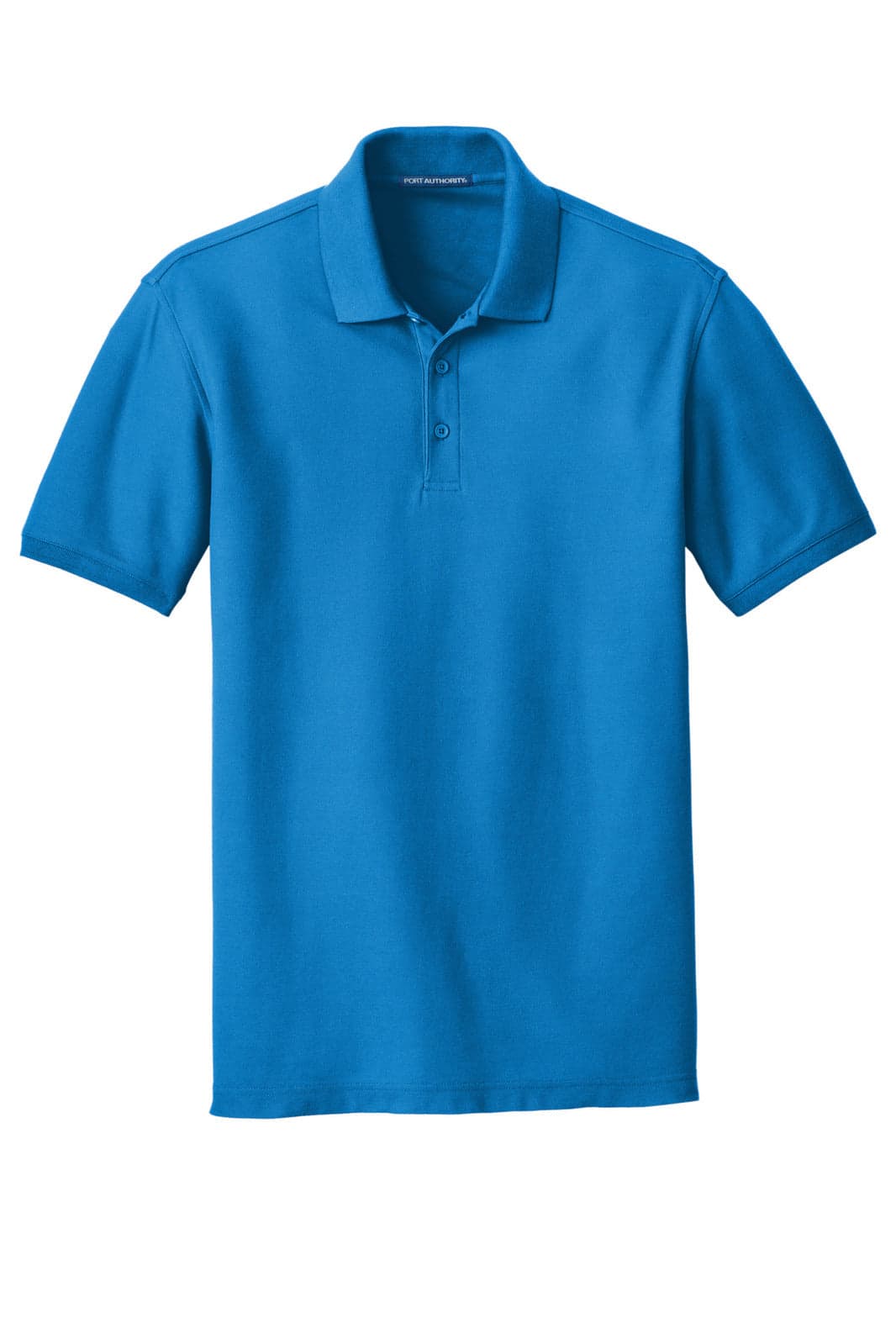 A bright blue polo shirt featuring a collar and a three-button placket. It has a logo on the chest.