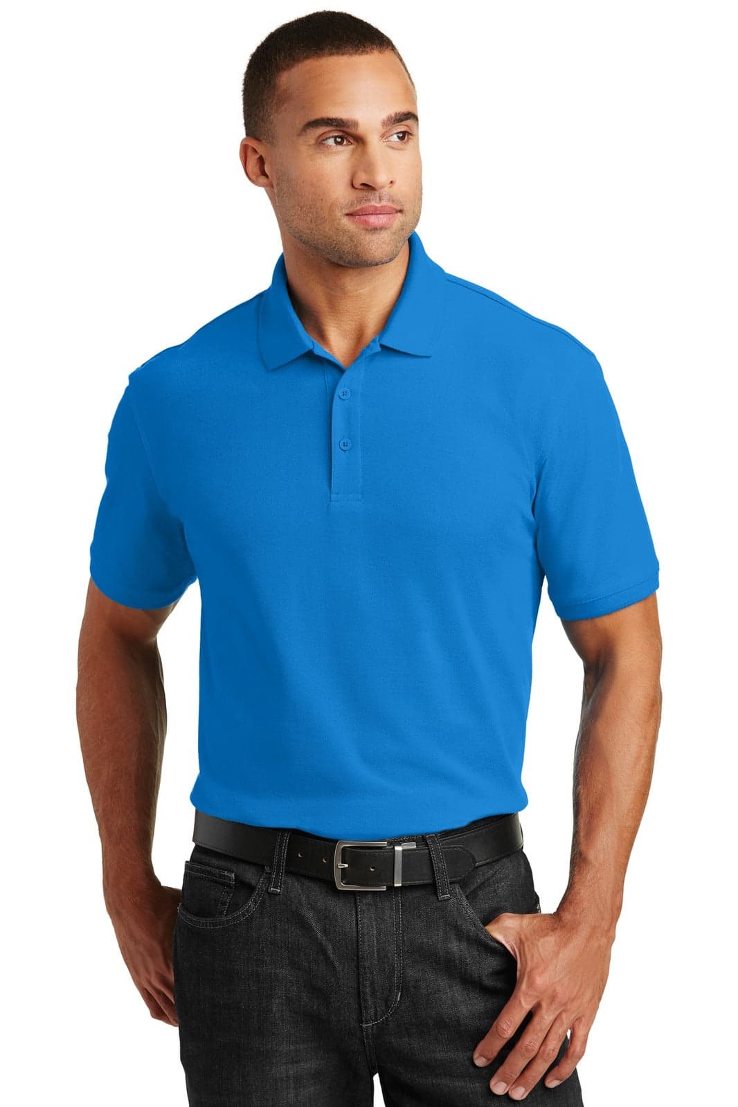 A blue polo shirt with a collar, featuring a logo on the left side, worn by a model.