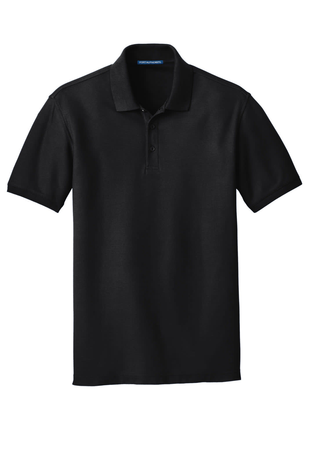 A black polo shirt with a collar and a three-button placket, featuring a logo.