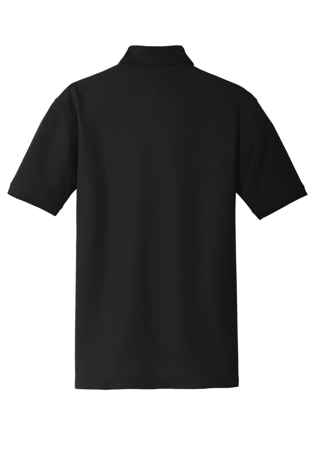 A black polo shirt with a classic pique fabric and a collar, featuring a logo on the back.