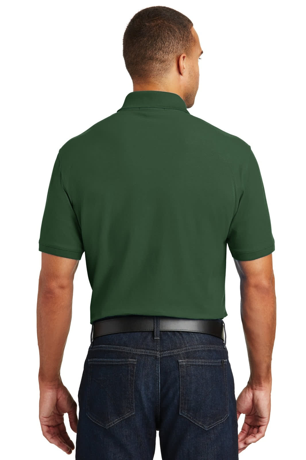 A green polo shirt, featuring a collar and short sleeves, shown from the back on a male model.