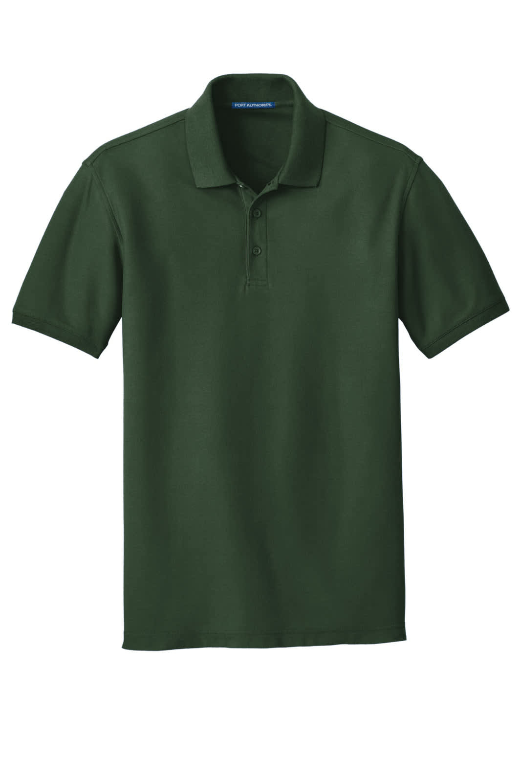 A dark green polo shirt with a classic pique texture and a collar, featuring buttons and a logo.